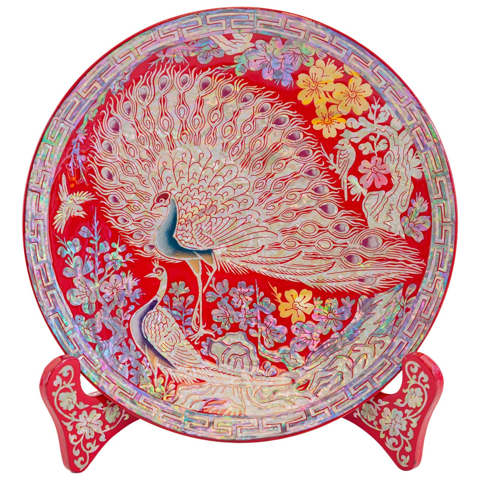February Mountain Traditional Mother-of-Pearl Inlaid Decorative Plate with Peacock Design Including Display Stand