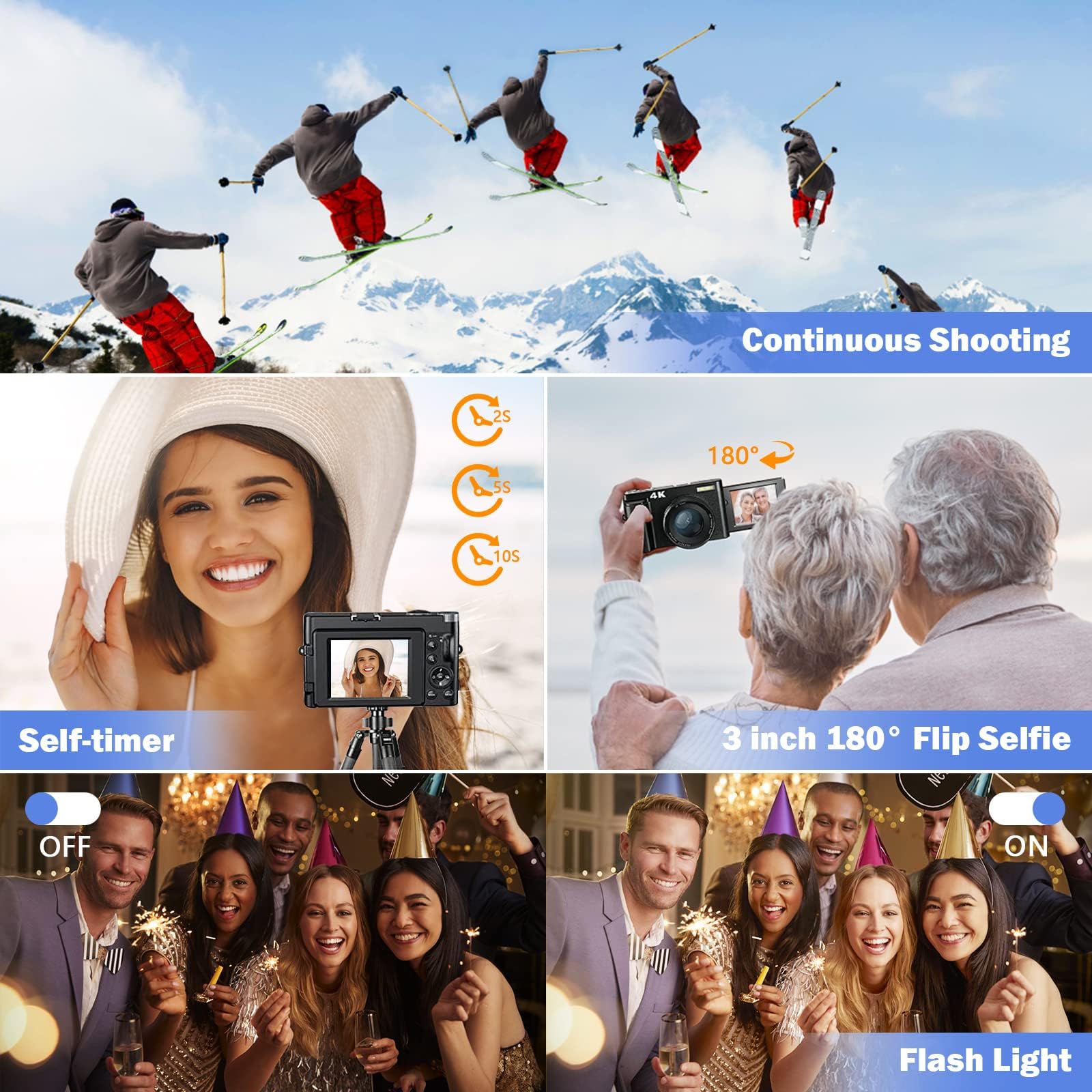 CCN Appareil Photo numérique 4K 48MP, avec 180° Flip 3.0" écran, 16X Zoom numérique Appareil Photo Compact avec Objectif Grand Angle et Macro, 64GB TF Carte, WiFi, Version de Mise à Niveau, Noir
