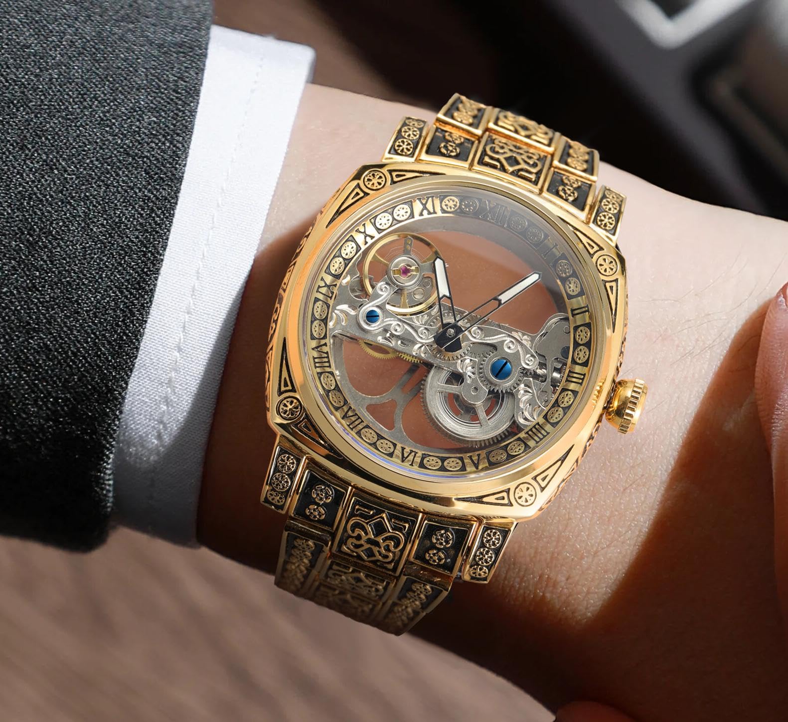 FORSINING Herren Skelettuhr Römische Zahlen Automatik Selbstaufzug Tourbillon Armbanduhr mit Edelstahlarmband