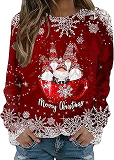 Shffuw Christmas Jumpers for Women UK Women Christmas Reindeer Jumpers Funny Snowman Print Graphic Sweatshirts Cute Long Sleeve Novelty Hoodies Xmas Holiday Shirt Plus Size Going Out Pullover Tops
