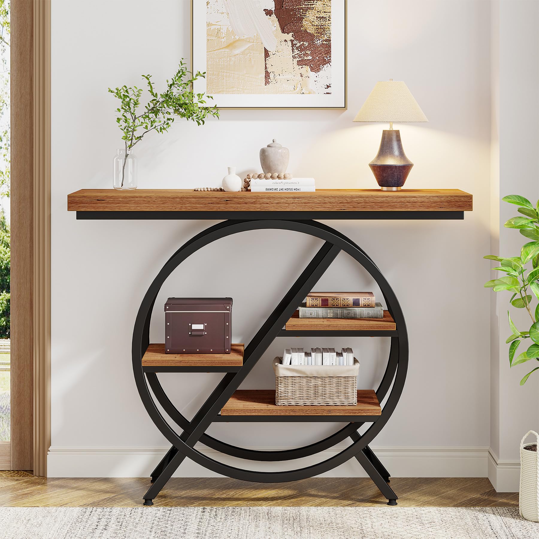 Tribesigns Tavolo consolle, tavolo da ingresso da 90 cm con piano ispessito, divano industriale stretto a 4 livelli con struttura geometrica in metallo per soggiorno, ingresso, marrone chiaro