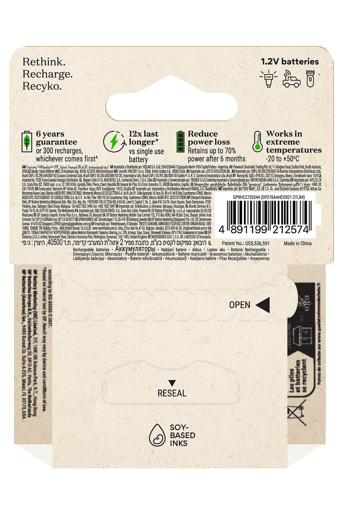 GP Batteries ReCyko 2600 AA Pen Ni-MH Rechargeable Battery, 1.2 Volt, Card of 4