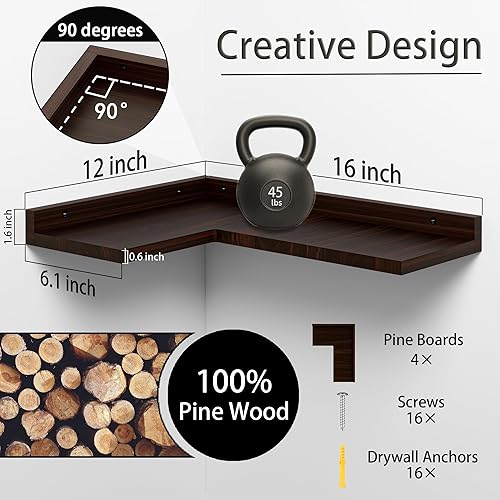 Miniatura 2 de Juego de 4 estantes de esquina flotantes de 4 niveles, estante de pared flotante de madera de pino rústico para almacenamiento de decoración de