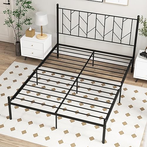 Giantex Base de cama de metal negro Queen con cabecera de estilo victoriano, plataforma de cama de 12.5 pulgadas con soporte de 14 listones de