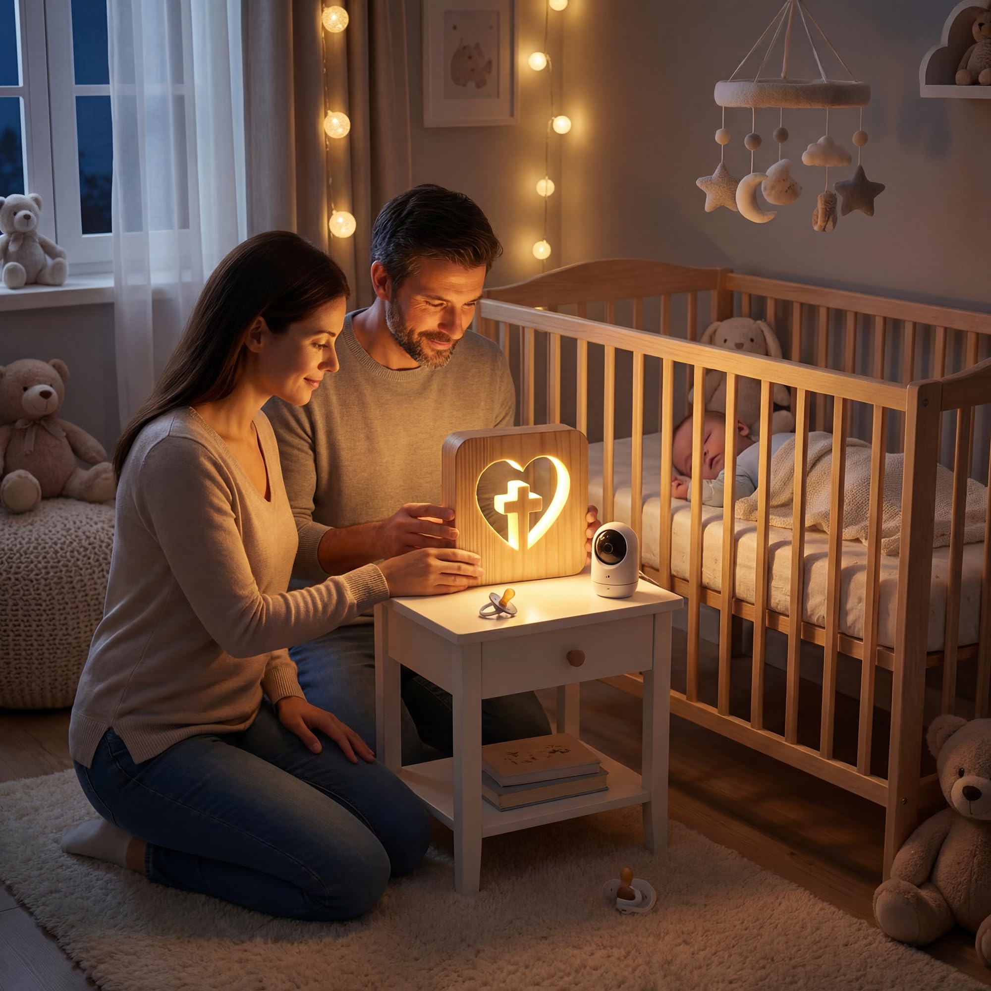 Lámpara de Mesa Cruz Madera – Luz de Noche Infantil Quitamiedos LED Cálida – Lámpara Cubo Cuadrada Decoración Religiosa Moderna – Regalo Original Primera Comunión Niña y Niño, Bautizo y Bebé