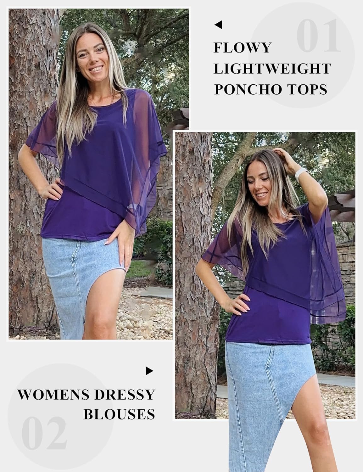 SeSe Code Women's Elegant Mesh Blouses Flowy Poncho Tops Dressy Casual Shirts - Image 3