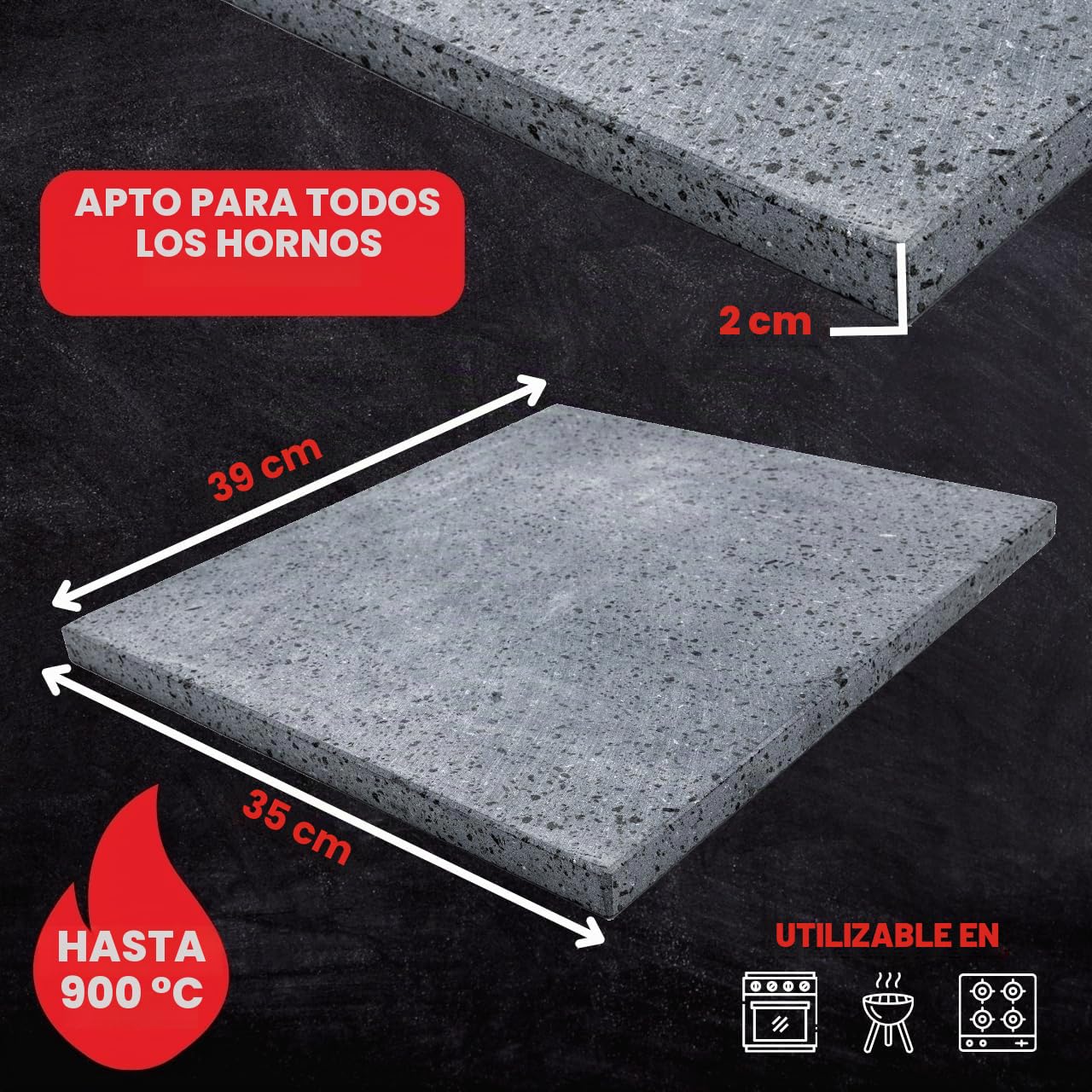Cuore Lavico - Placa refractaria en piedra volcánica del Etna, ideal para pizza, medidas 39 x 35 x 2 cm, placa refractaria para horno eléctrico/gas y barbacoa. Made in Italy