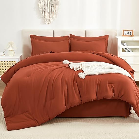 Litanika Burnt Orange Comforter California King Size Set - 7 Pieces Terracotta Bed in a Bag California King Bedding Comforter Sets, Plain Lightweight Bed Set