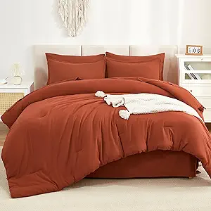Litanika Burnt Orange Comforter California King Size Set - 7 Pieces Terracotta Bed in a Bag California King Bedding Comforter Sets, Plain Lightweight Bed Set