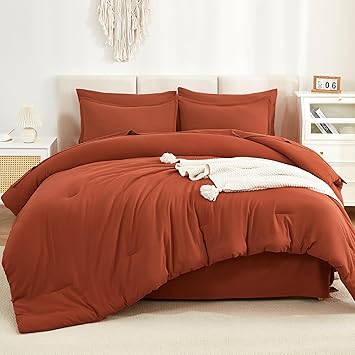Litanika Burnt Orange Comforter California King Size Set - 7 Pieces Terracotta Bed in a Bag California King Bedding Comforter Sets, Plain Lightweight Bed Set
