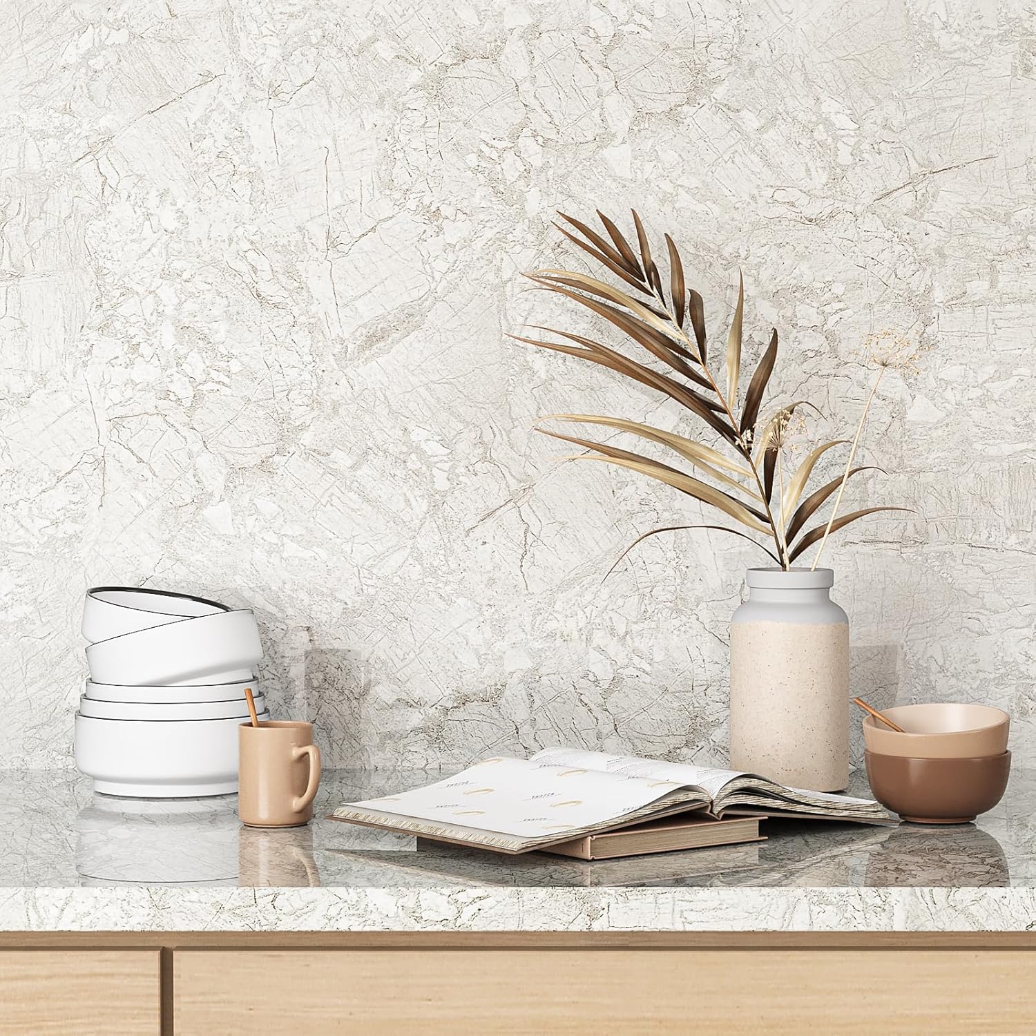 VEELIKE Glossy Beige Grey Marble Countertop Contact Paper Kitchen Peel and Stick Countertops Waterproof Marble Contact Paper 15.7''x354'' Adhesive Vinyl Laminate Countertop Sheet for Bathroom Walls