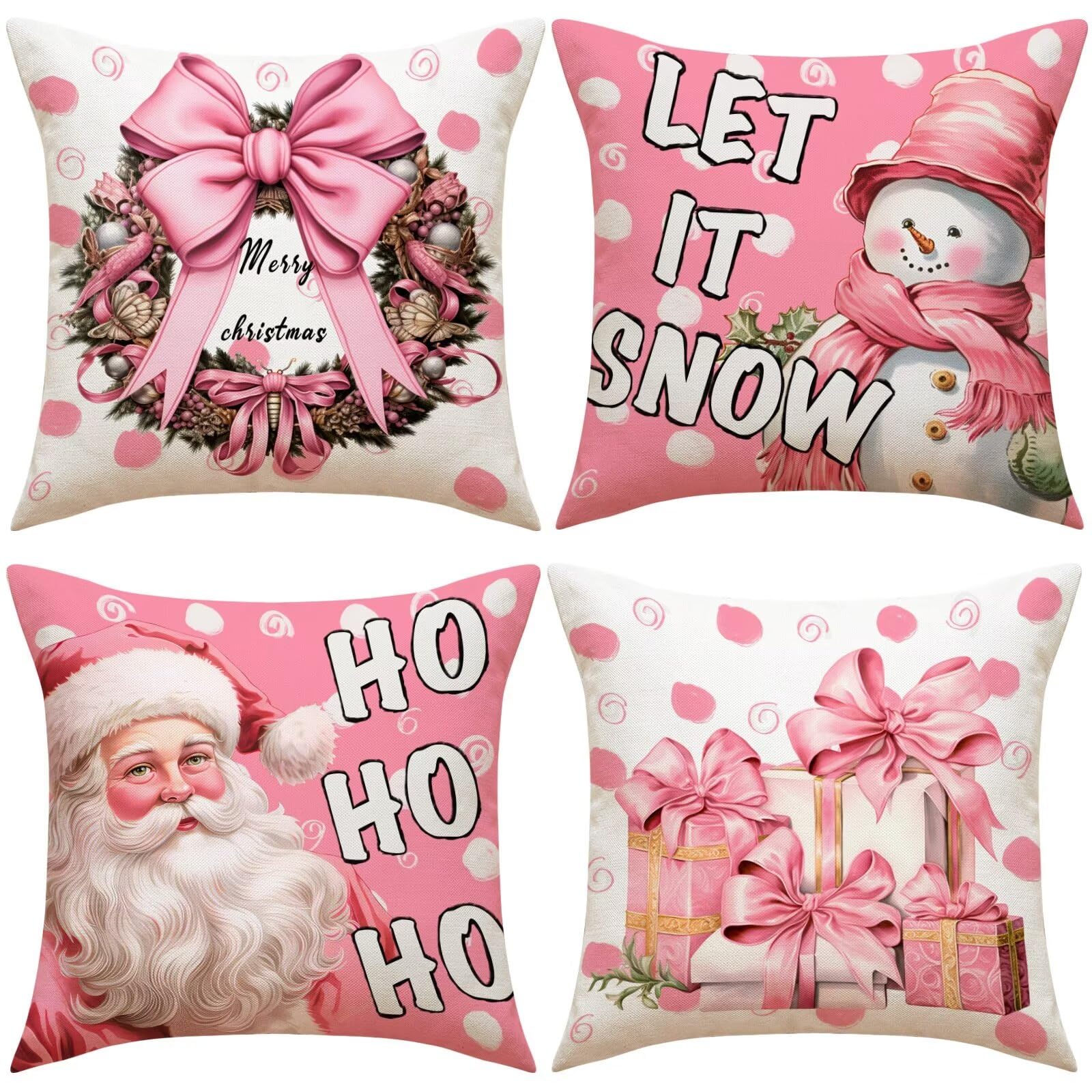 Natale Fodere per Cuscini 60x60cm 4 Pezzi Natale in rosa Cuscini Caso Federa, Copricuscini Natalizi, Invernale Natalizie Divano Decorativi di Natale per Divano Soggiorno Auto Natalizie Decor