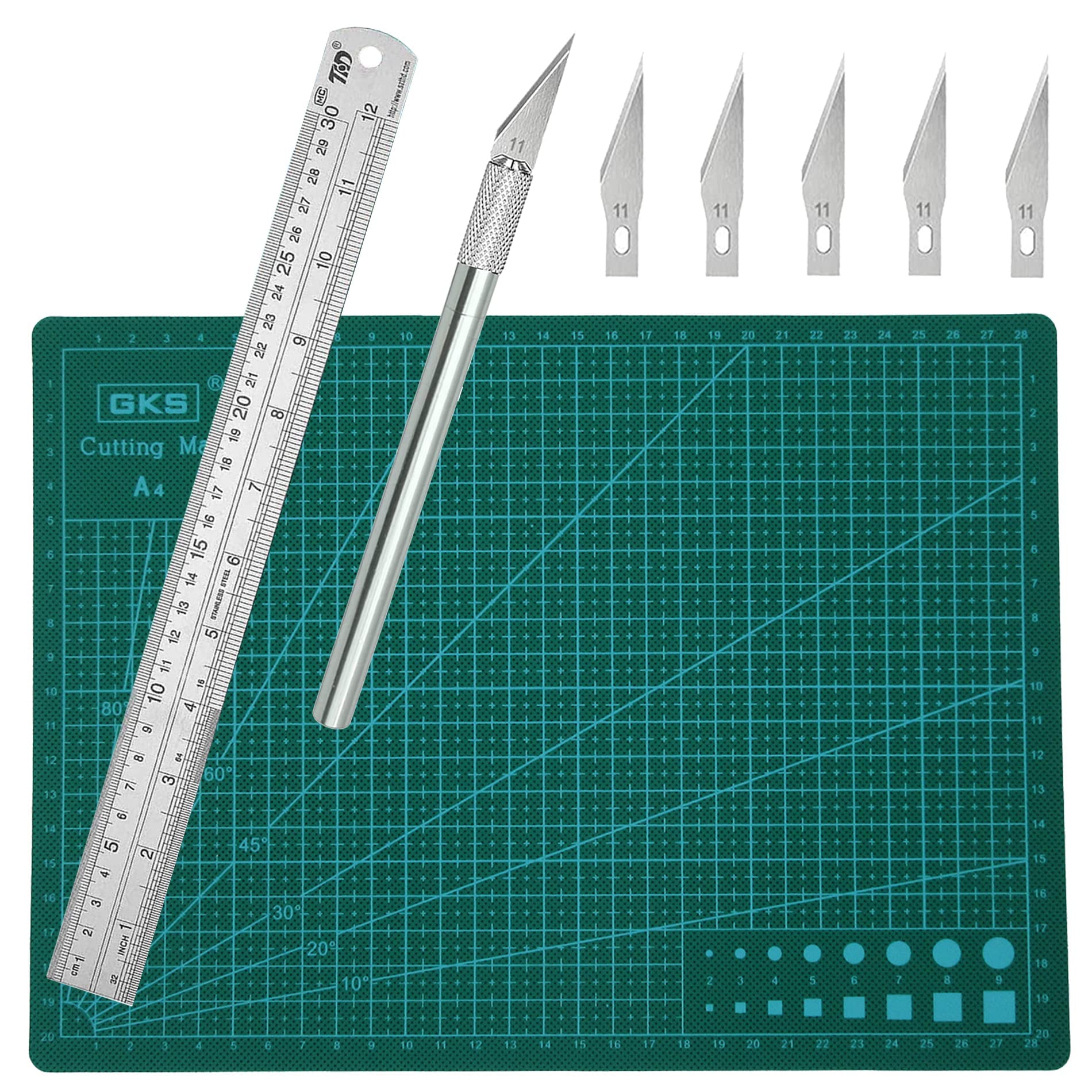 Self Healing Rotary Cutting Mat Double Sided A4 Cutting Mat Perfect with 1 Craft Carving Tool and 1 Stainless Steel Ruler(30cm) for Sewing Quilting Arts and Crafts