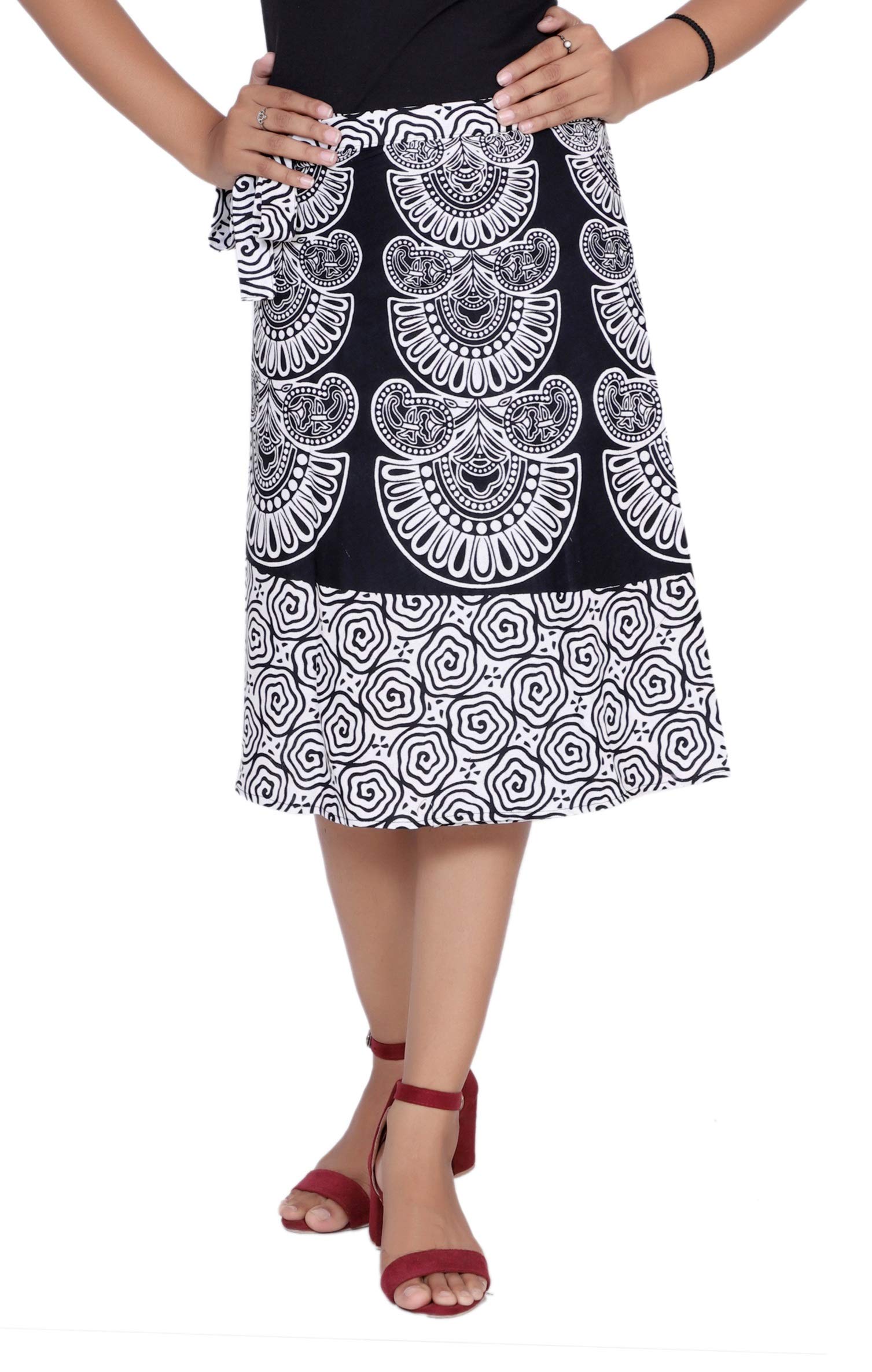 pezzava Women's Beautiful Cotton Knee Length Skirt (Black and White, Free Size)-picture-15
