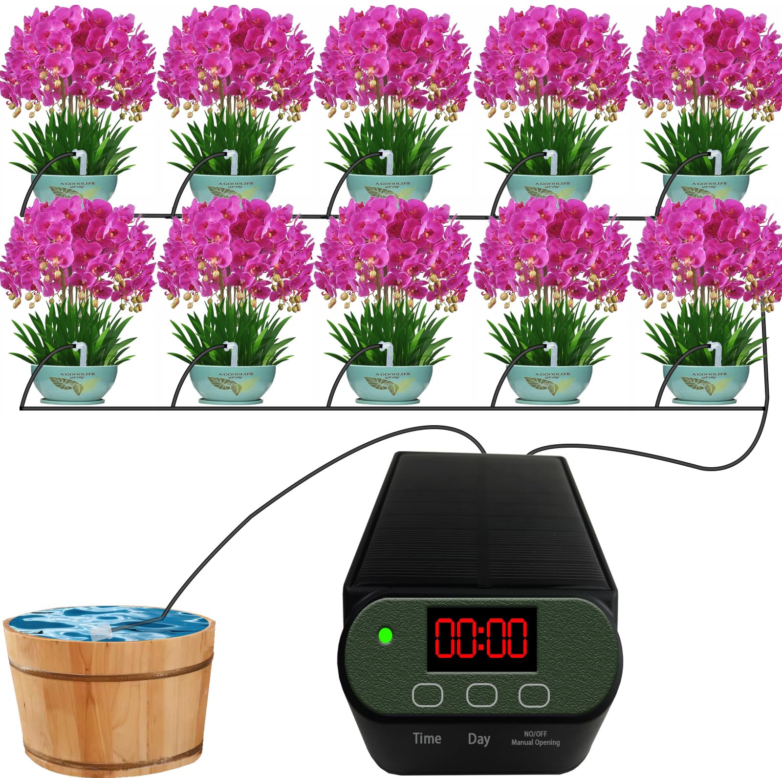 Sistema di Irrigazione Automatico Solare per 15 Piante in Vaso, Kit di Irrigazione a Goccia con Timer Programmabile della Pompa dell'Acqua, Antisifone, Display LED e Alimentazione USB