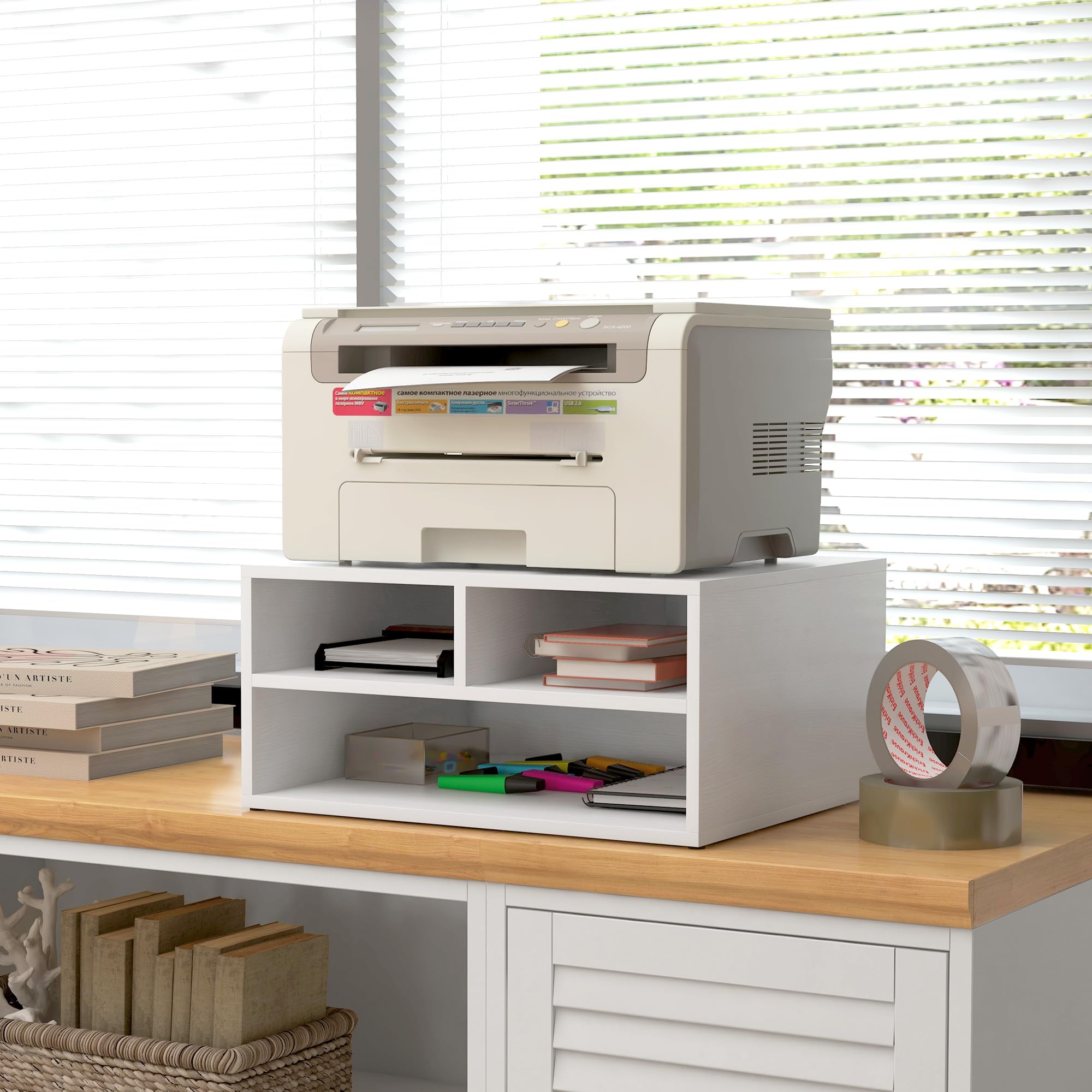 HOMCOM Mobile Porta Stampante con 3 Scomparti Aperti, Mobile Stampante per Documenti da Ufficio e Studio Compatto a 2 Livelli, 47x40x22.5 cm, Bianco