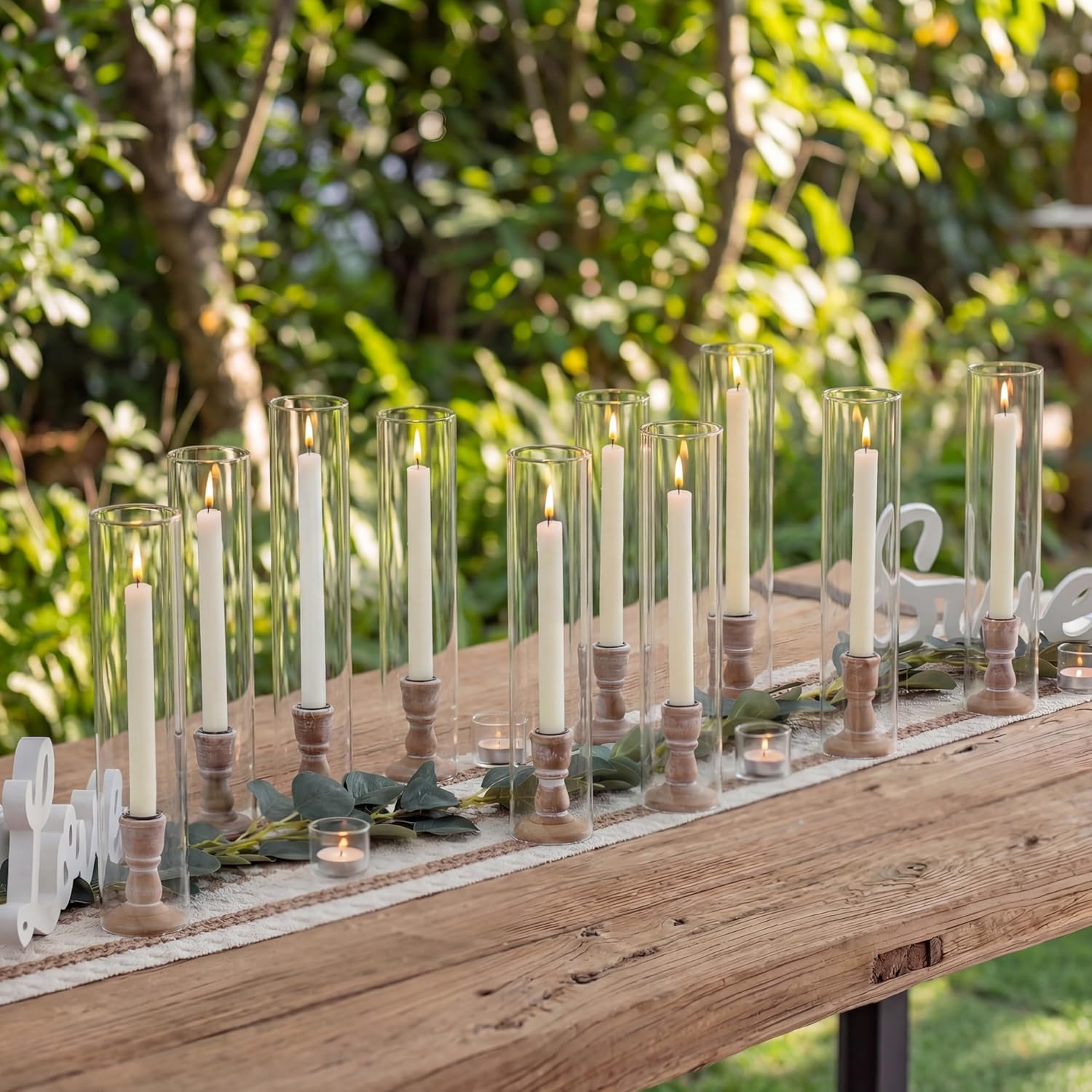 NUPTIO Hurricane Glass Candle Holder: 10 Pcs Vintage Wood Candlestick Holders 14 inch Bulk Wooden Candle Sticks Holder with Bottomless Cylinder Candleholder for Outdoor Wedding Holiday Event Decor