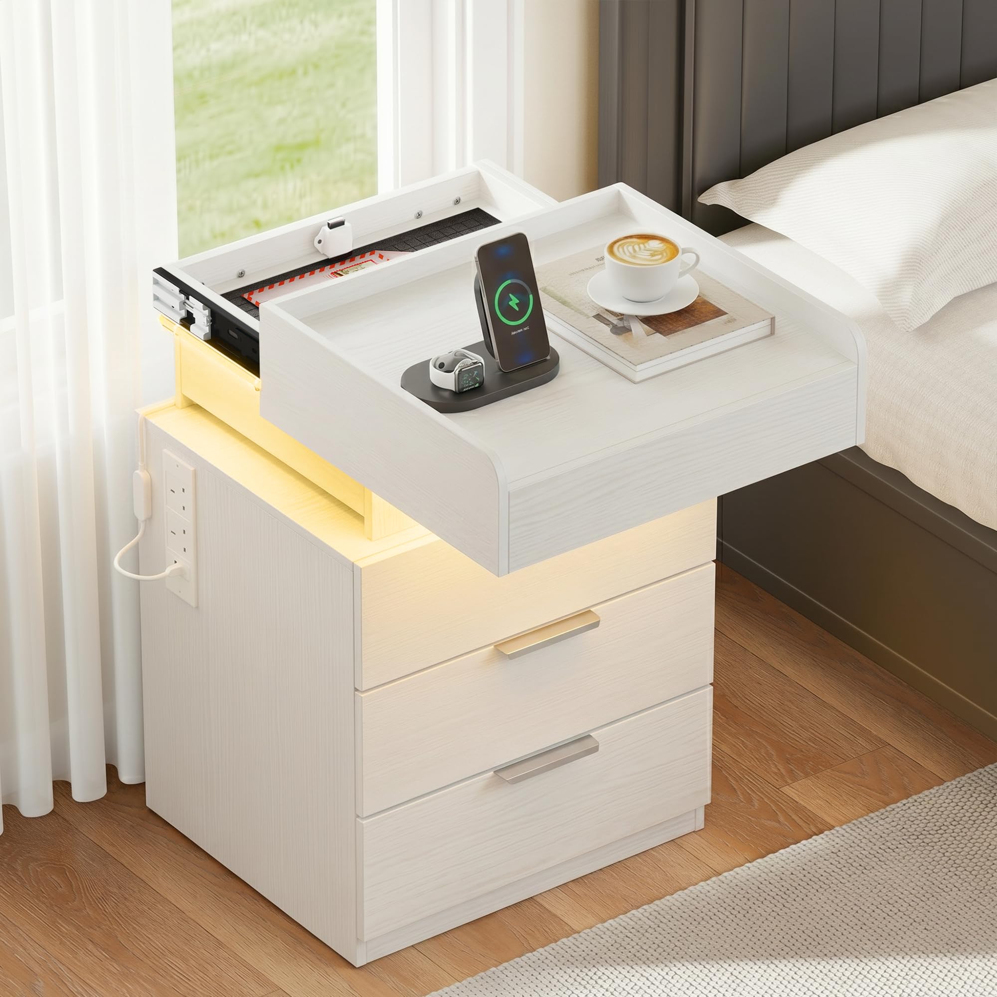 Quikraen White Bedside Table with LED, Charging Station and Lockable Drawer