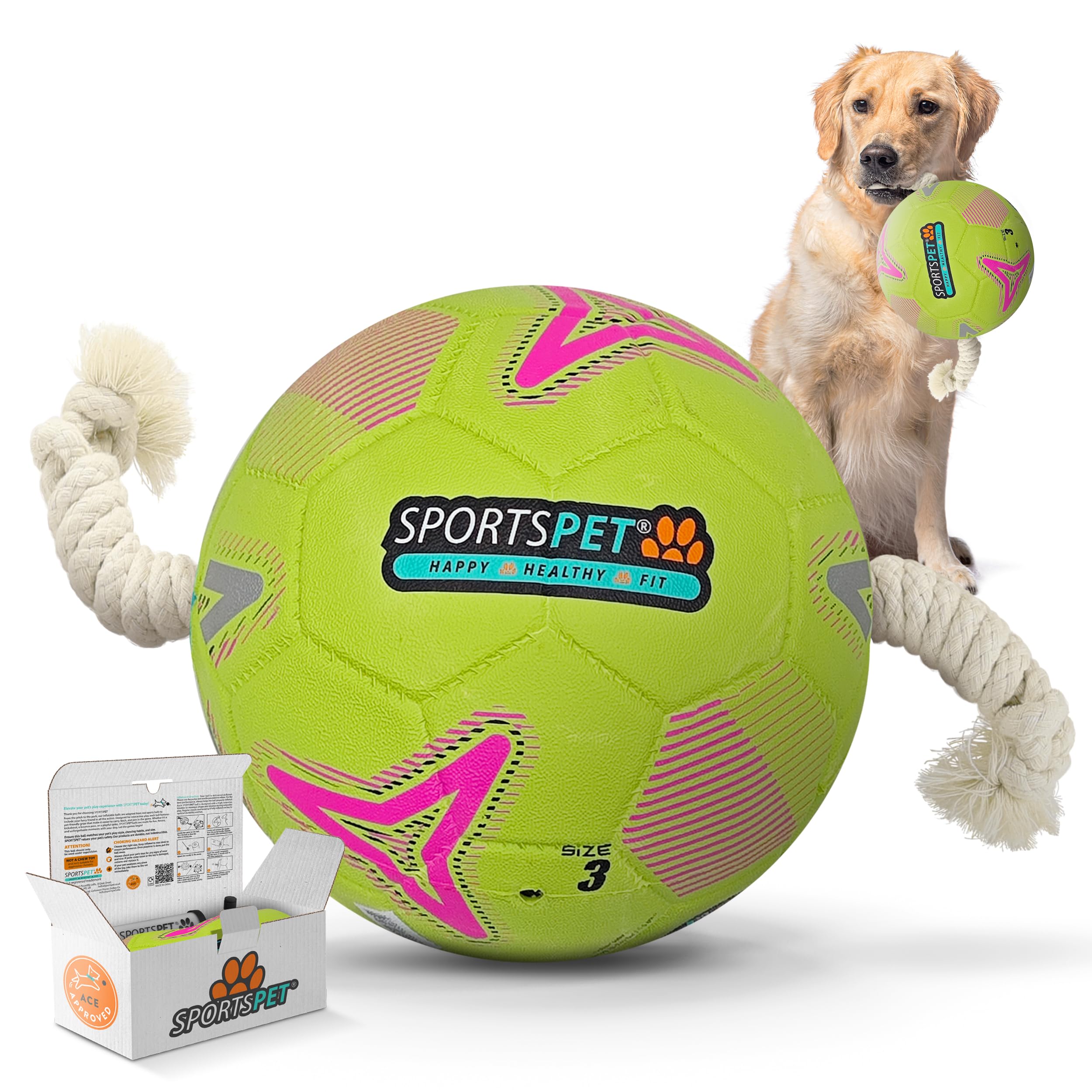 SPORTSPET Tug Rope Dog Football, Durable Interactive Dog Ball Toy for Tug of War & Fetch, Tough Outdoor Dog Toy for Medium & Large Dogs, Dog Birthday Gift (Apple Green - Medium)