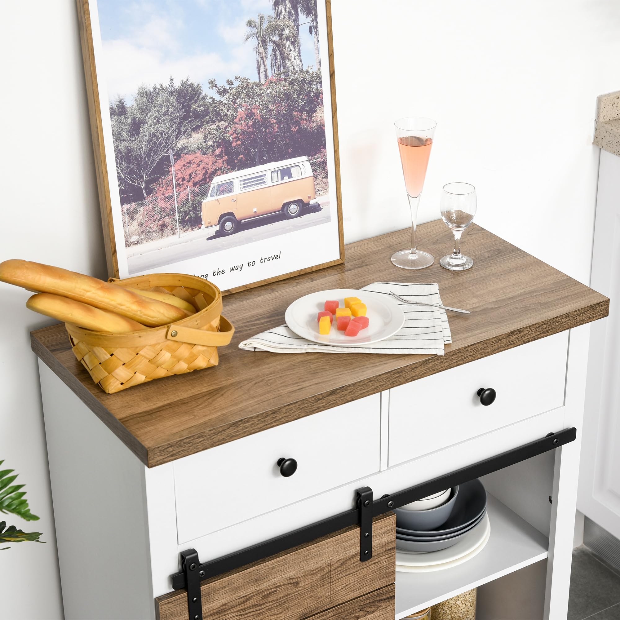 HOMCOM szafka kuchenna kredens z 2 szufladami półki na wino drzwi przesuwne komoda regulowane półki szafka na naczynia styl rustykalny kolor biały 80 x 39 x 86 cm