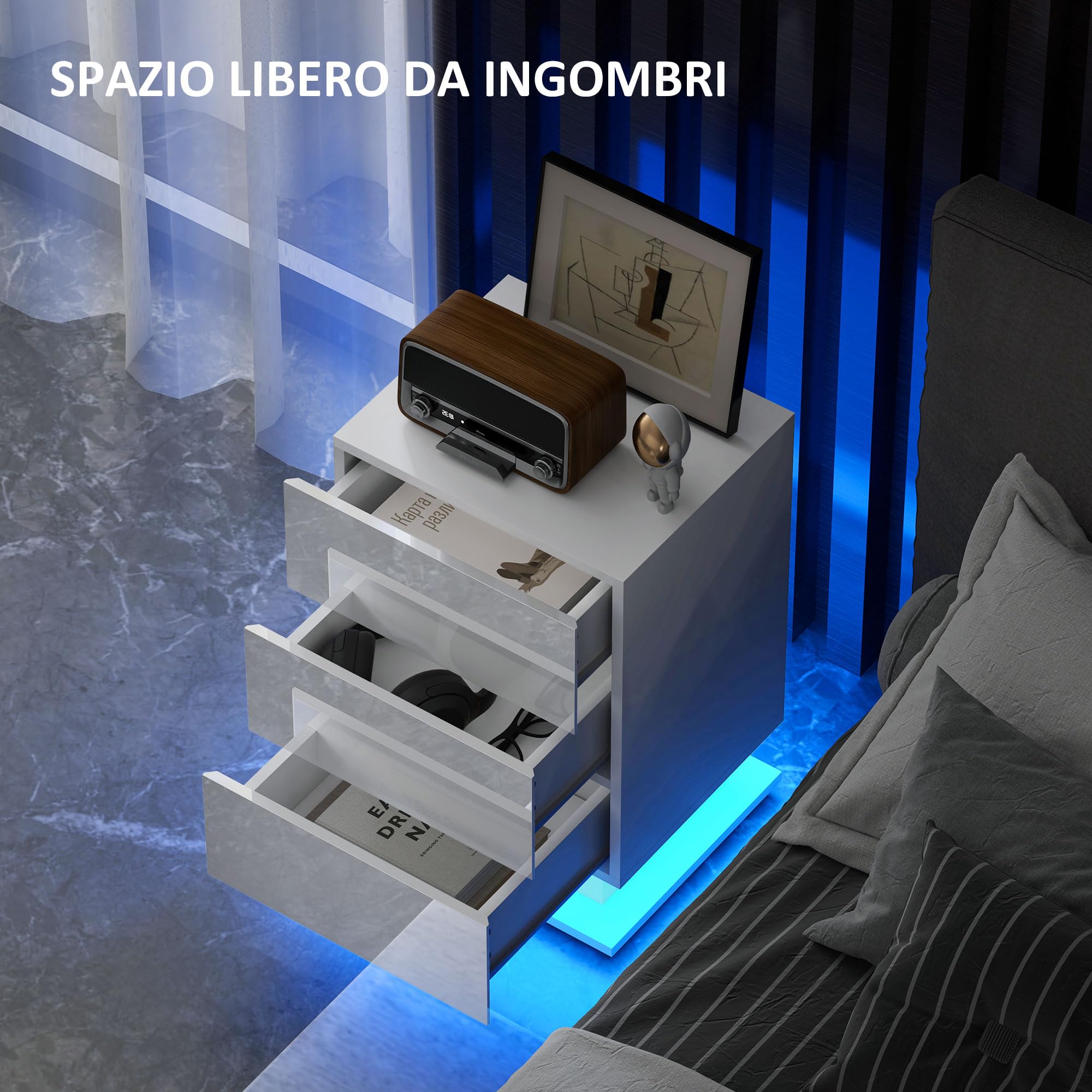 HOMCOM Comodino Moderno con Luce LED Regolabile, 40x35x60 cm, Bianco Lucido