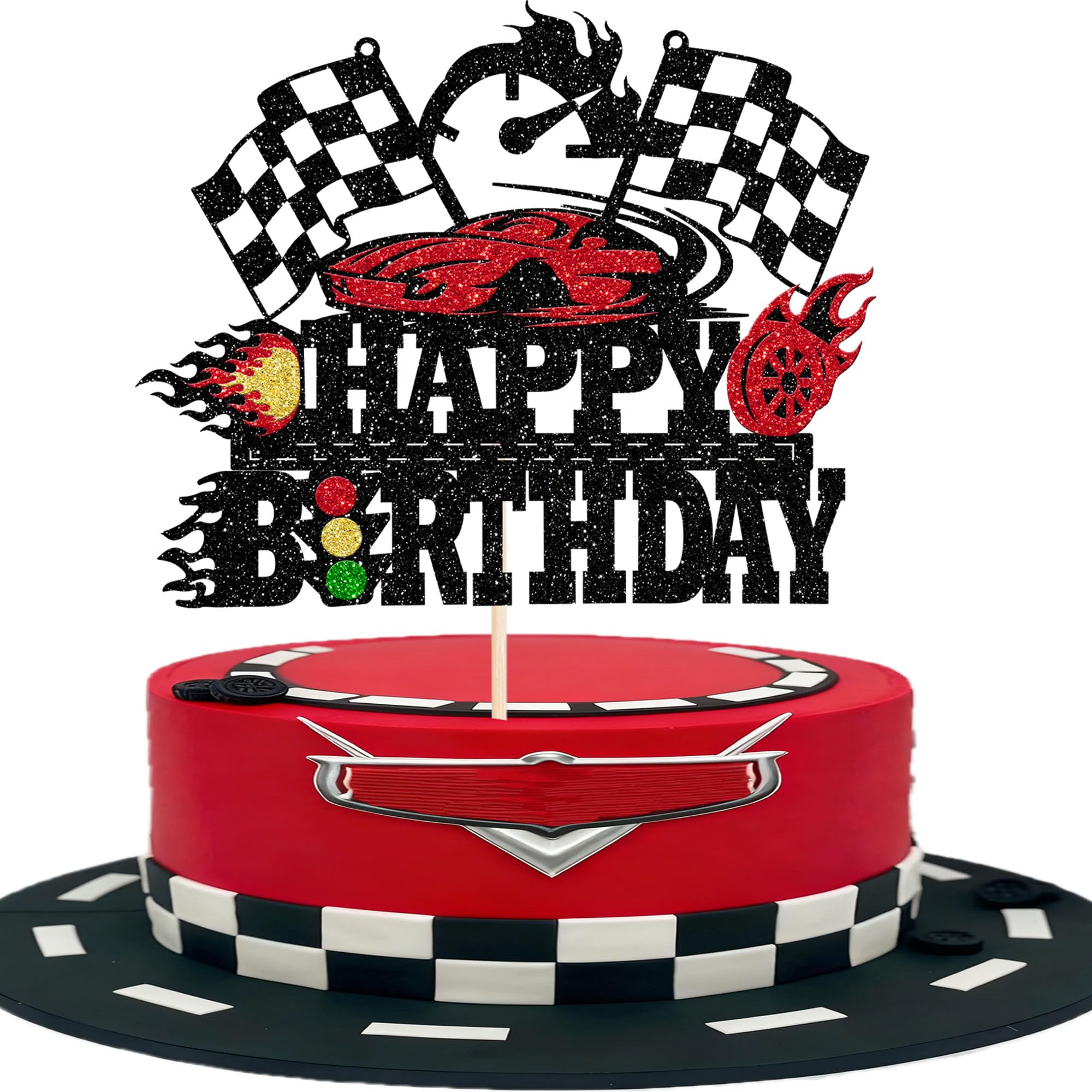 1 Piece Racing Car Birthday Cake Decoration Glitter Happy Birthday Cake Topper Traffic Light Checked Flag Cake Decoration for Race Theme Baby Shower Boys Girls Birthday Party Cake Decorations