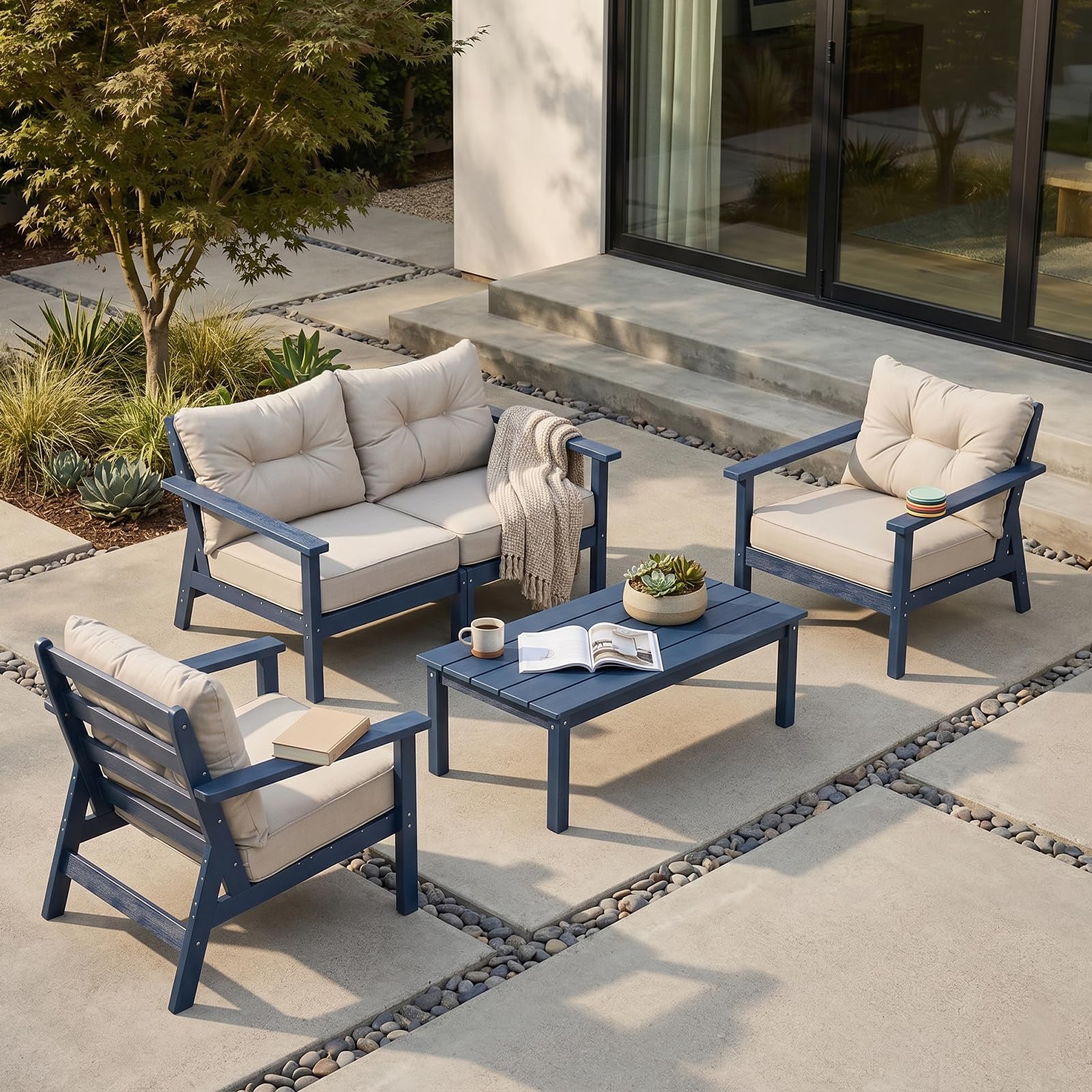 HDPE Patio Conversation Set 4 Seats, Outdoor Furniture Set, Patio Sofa Set