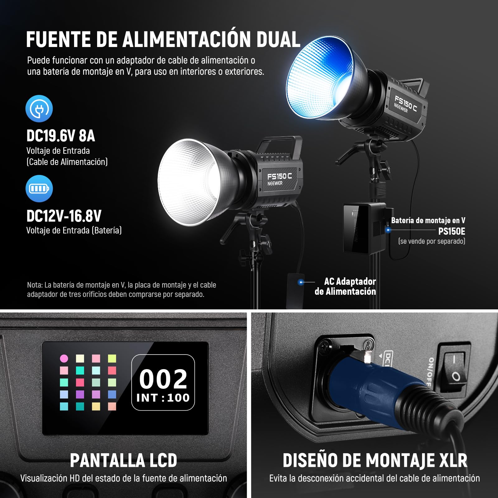 NEEWER 130W RGB LED Vídeo Luz App/2,4G Control 17 Efectos, 2500-7500K 19800lux/1m COB Iluminación Continua con CRI97/TLCI98 4 Curvas de Atenuación, Foco de Bowens Mount en Estudio Fotografía, FS150C