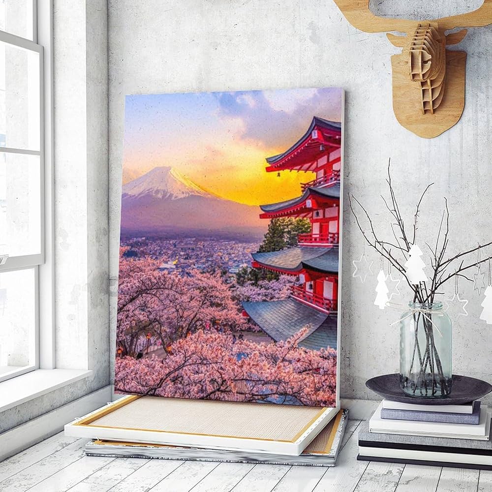 富士山と桜の油絵 Amazon | 富士山と桜と五重塔 数字油絵 素晴らしい街並み 数字キット