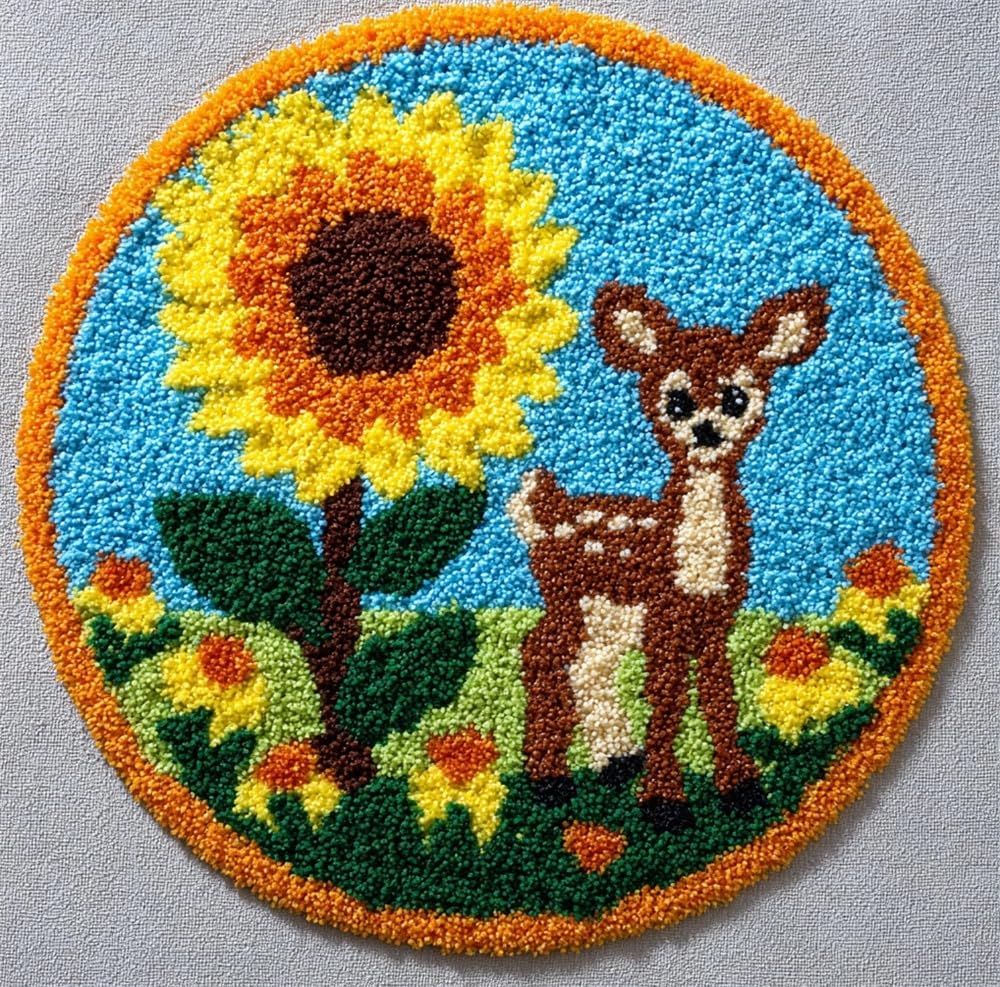 kitphoenix Round Latch Hook Rug Sunflower and Deer