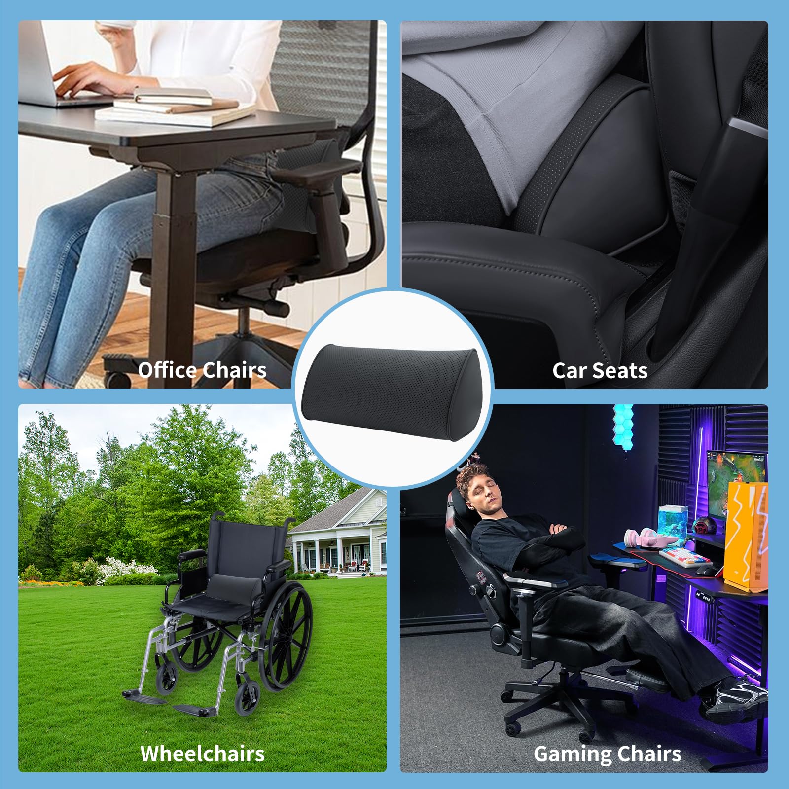 Lendenkissen Auto, Rückenkissen Leder, Ergonomische Lordosenstütze mit Memory Foam, Lendenwirbelkissen für Auto Bürostuhl Unterwegs und Zuhause, Schwarz, 1 Stück