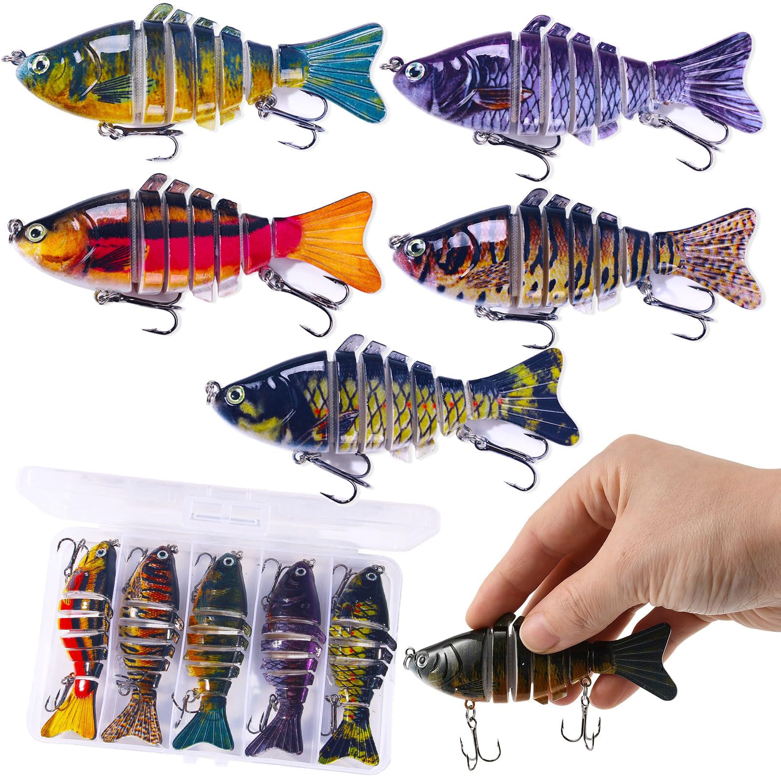 5 Pack Multi Jointed Swimbaits Fishing Lures Pike Fishing Lures 3D Realistic Lifelike Fishing Lures with Treble Hooks 7 Segment 3D Artificial Fishing Tackle Pike Lures Set for Bass, Trout (B)