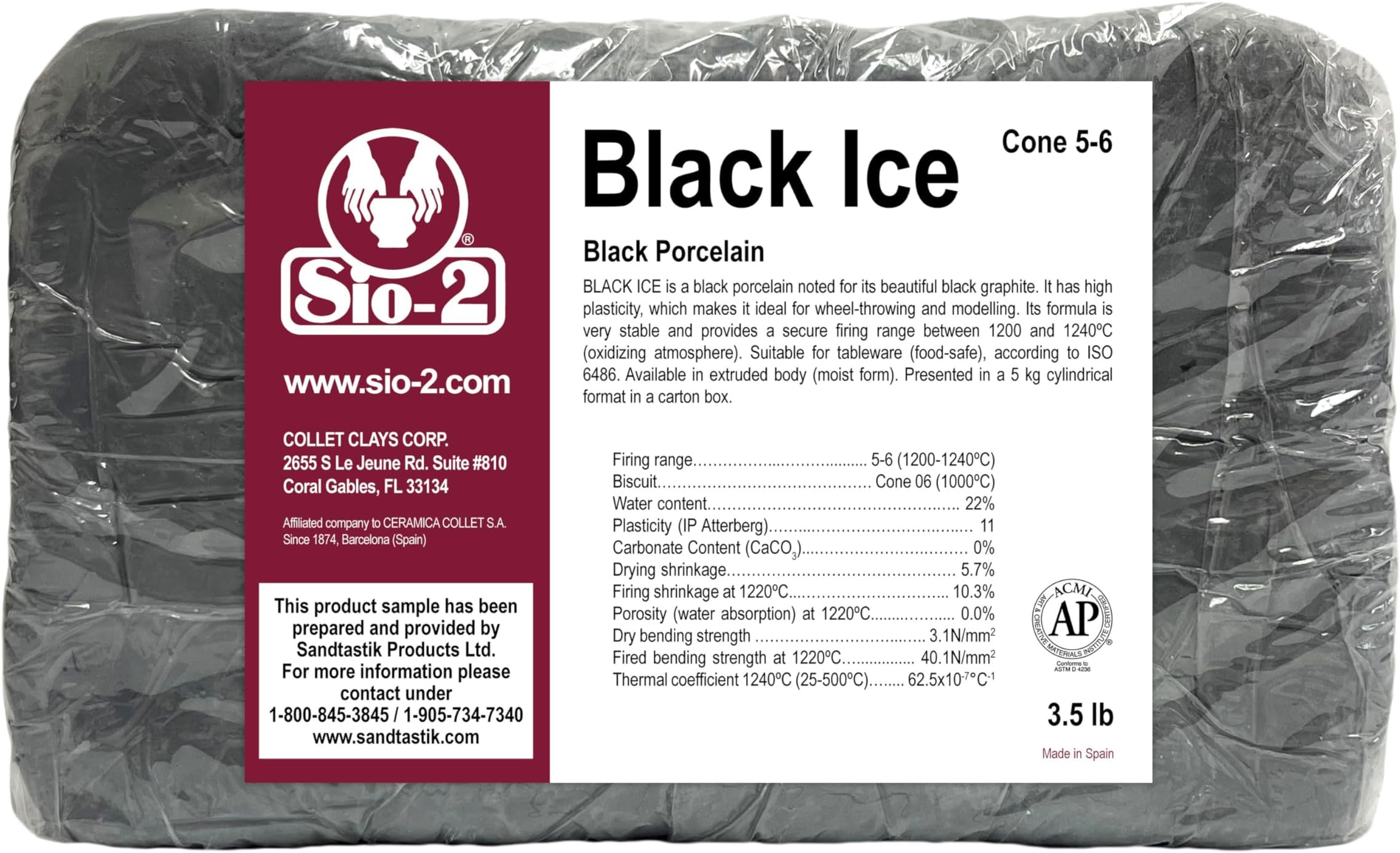 SIO-2 Black Ice High Fire Porcelain Clay, 3.5 lb (Cone 5-6) Natural Modeling Pottery Clay for Wheel Throwing & Hand Building