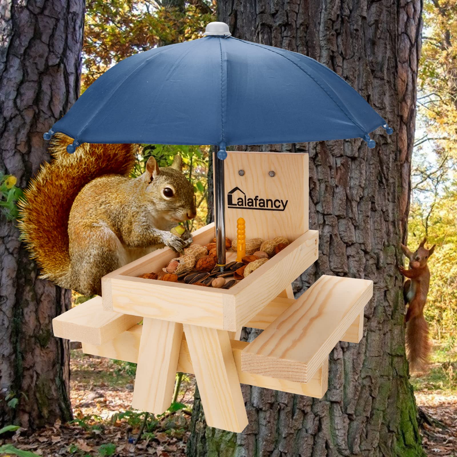 Mangeoire Pour écureuil Avec Parapluie – Assise En Bois, Clou à Maïs, Décoration De Jardin, étanche