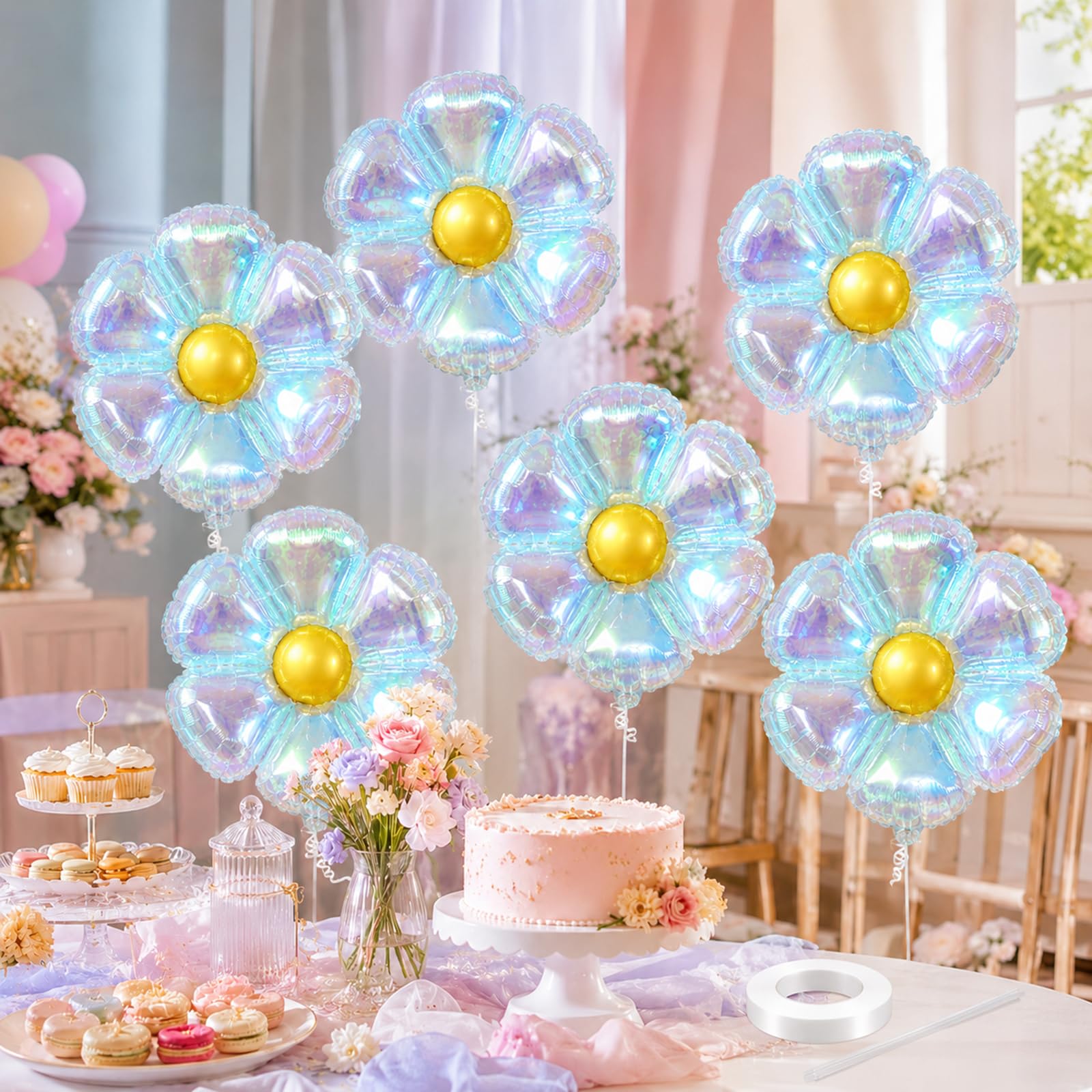 Iridescent Daisy Balloons, 6 Pcs 19 Inch Transparent Rainbow Foil Balloons for Birthday Wedding Baby Shower Bridal Shower Groovy Spring Party Decorations