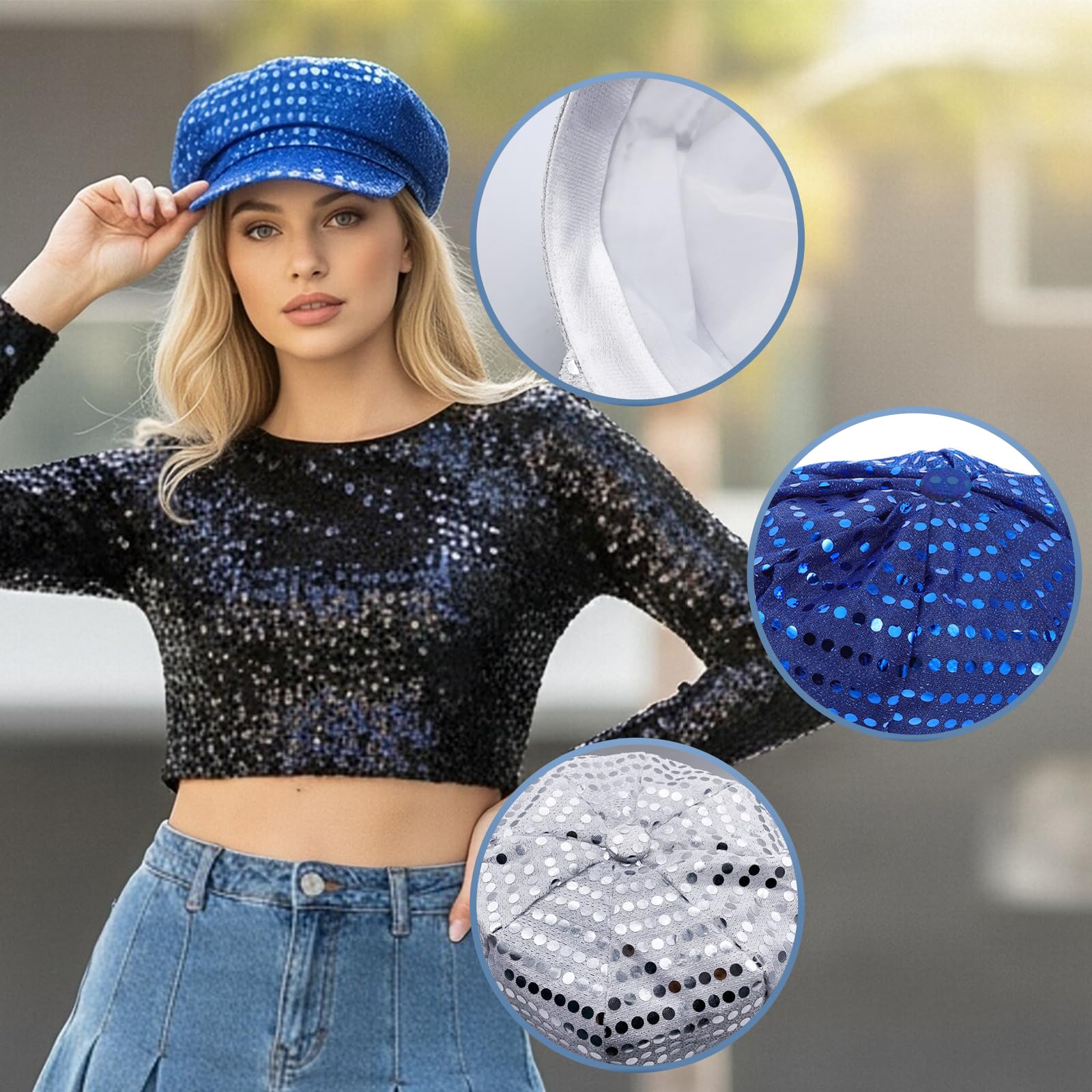 Orizizhic 2Pcs Sequin Hat Glitter Hat Abba Hats for Women Girls Disco Hat Cap Party Hats Fancy Dress Costume 70s Accessories for Adults and Men Retro Party Hippie Hats - Image 3