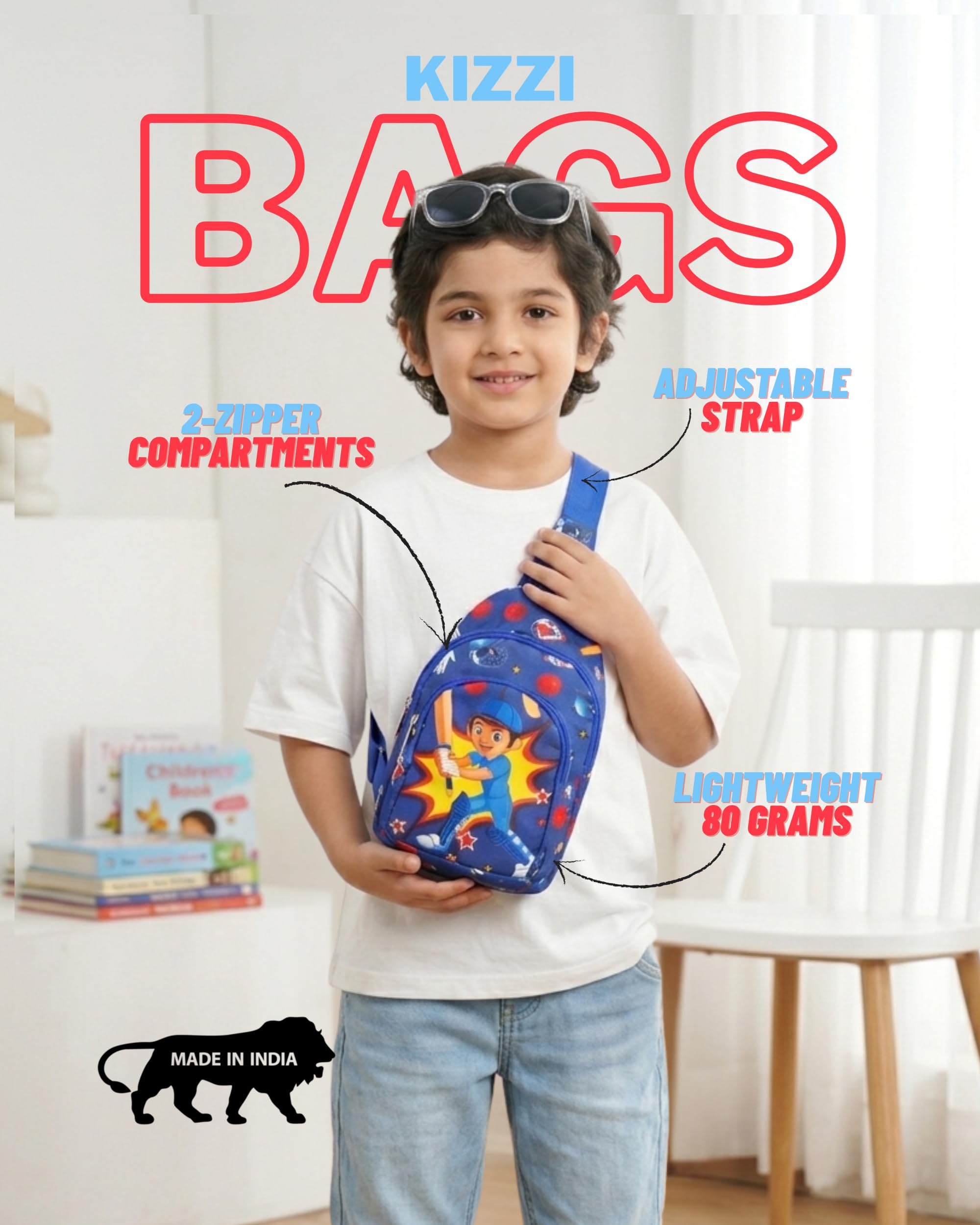 Kizzi Cricket Print Colourful Crossbody Bags for Boys and Girls Kids Travel, Picnic, Return Gifts 1