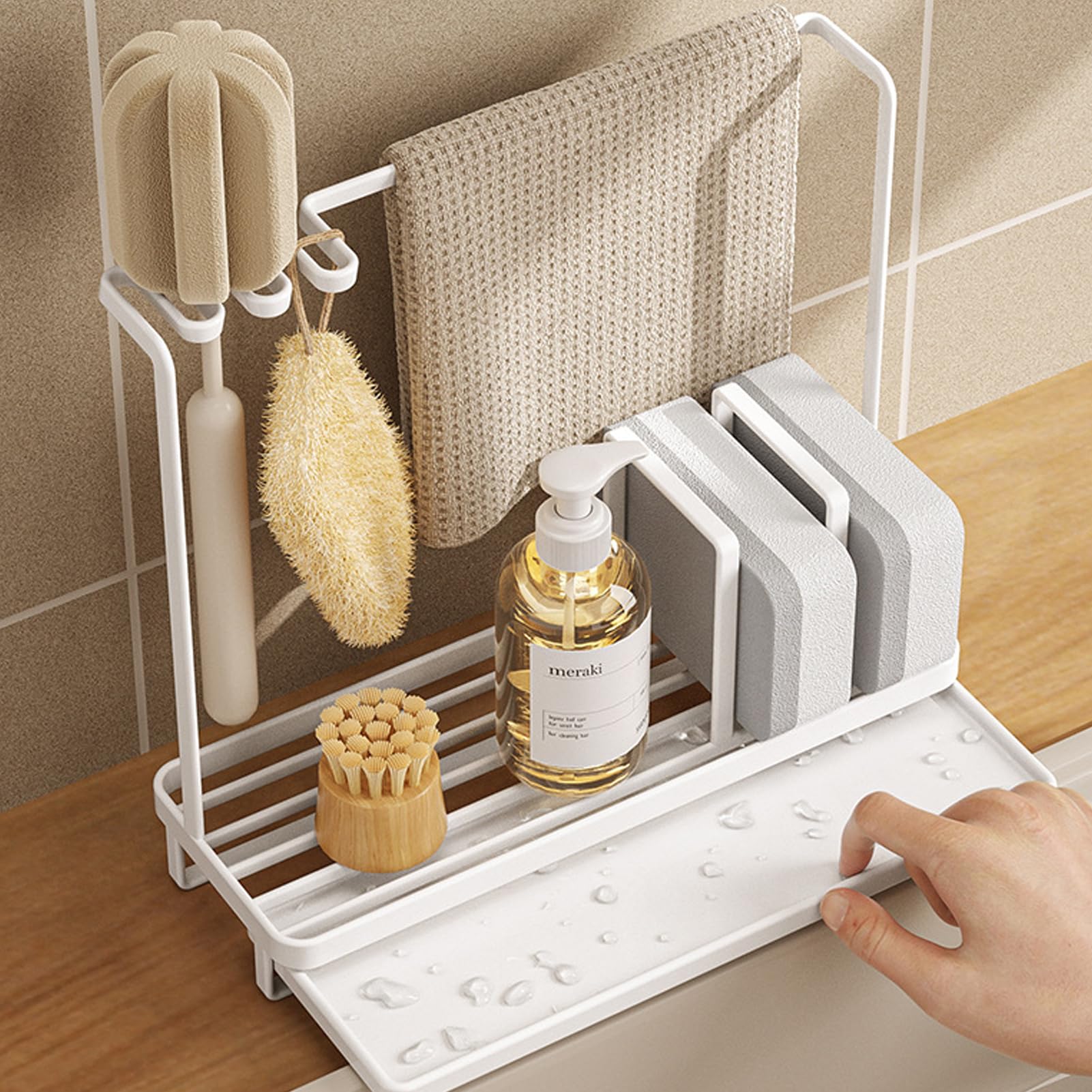 Organiseur D'évier En Acier Inoxydable, Porte-éponge Et Brosse Amovible Separateur Reglable Rangement Cuisine Noir 99409168