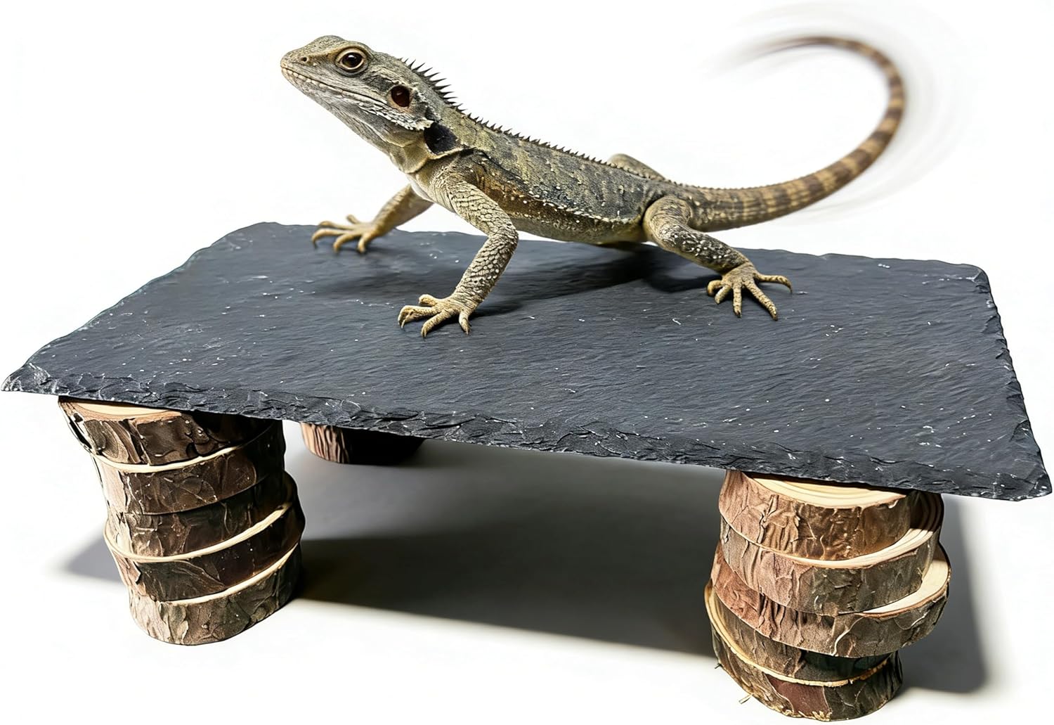 Bearded Dragon Basking Rock Platform with Wooden Pile,Natural Slate Stone Rocks Basking Platform,Habitat Hideouts Hide Cave Reptile Tank Accessories for Bearded Dragons,Geckos,Ball Pythons, Tortoise