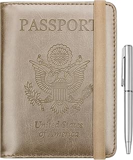 Passport Holder for Travel, RFID Passport Cover Wallet for Women Men, PU Leather Passport Book Card Holder Case with Pen, Travelling Essentials for Flying