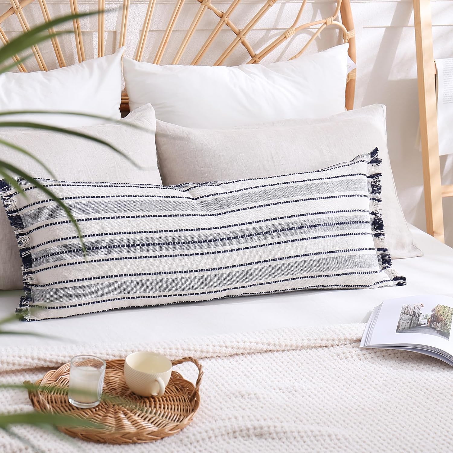 Boho Lumbar Pillow Cover 14x36 Inch Striped Body Pillow Covers Extra Long Decorative Lumbar Pillow Cover for Bed Sofa Modern Farmhouse Pillowcase, Beige and Navy Blue (Cover ONLY, Pack of 1)