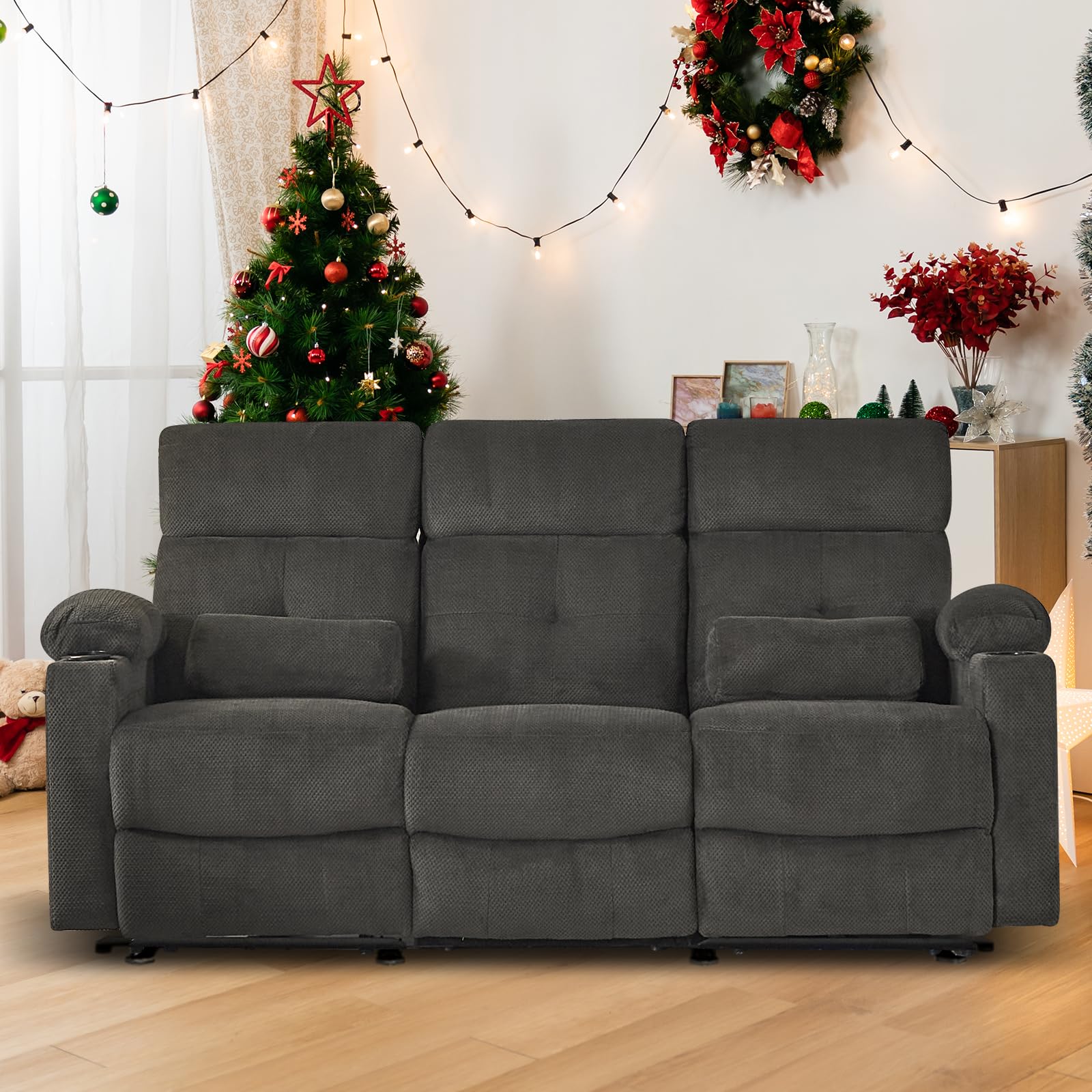 Power Reclining Sofa with Heat and Massage, Electric Reclining Couch with Extended Footrest, Wall Hugger Recliner Sofa 3 Seater with USB&Type-c Ports for Living Room, Bedroom(Grey)
