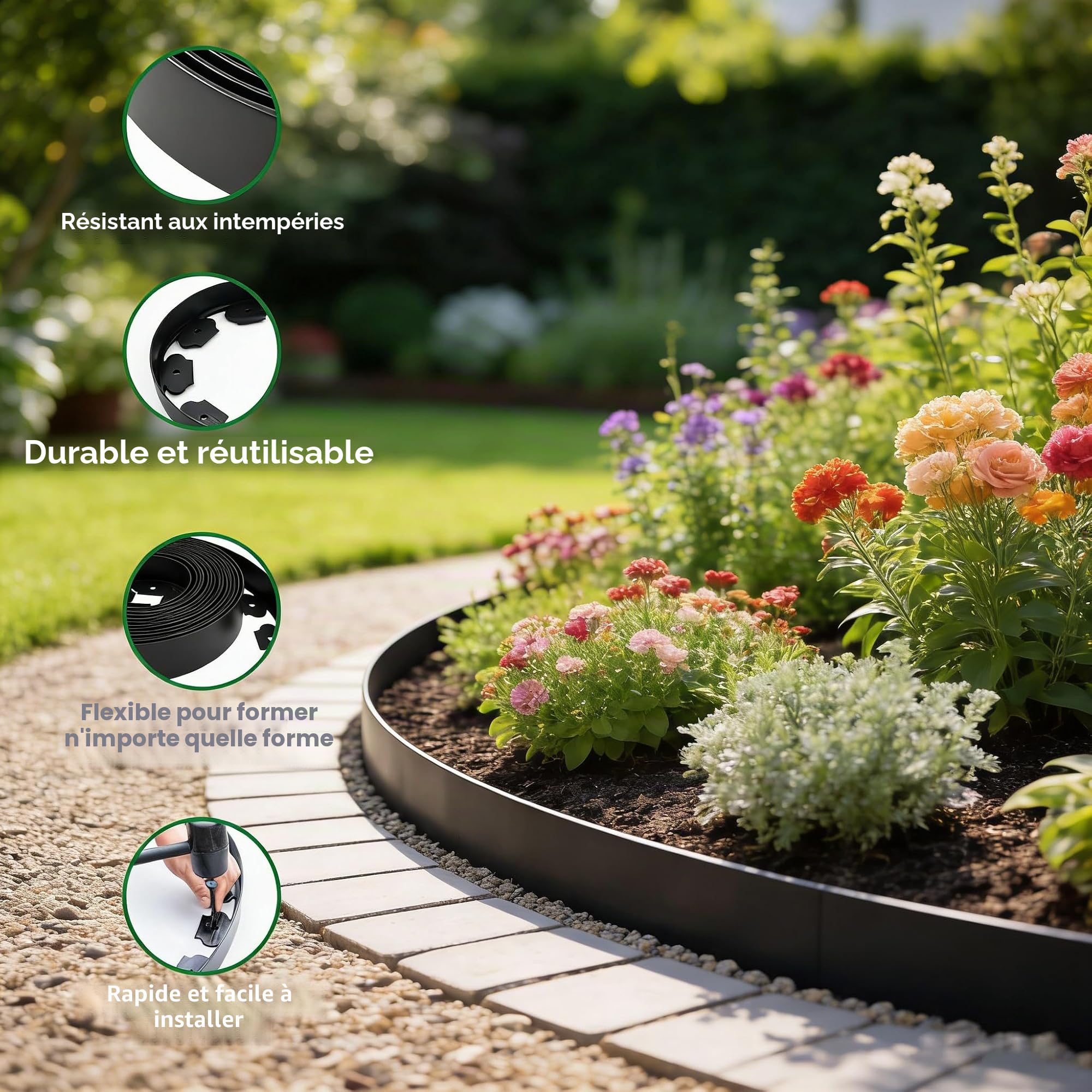 Bordure de Pelouse Flexible en Plastique, 15 m x 10 cm de Hauteur, Bordure de Jardin avec 75 Piquets de Fixation, kit de Délimitation pour Bordures de Jardin et de Massifs - Noir
