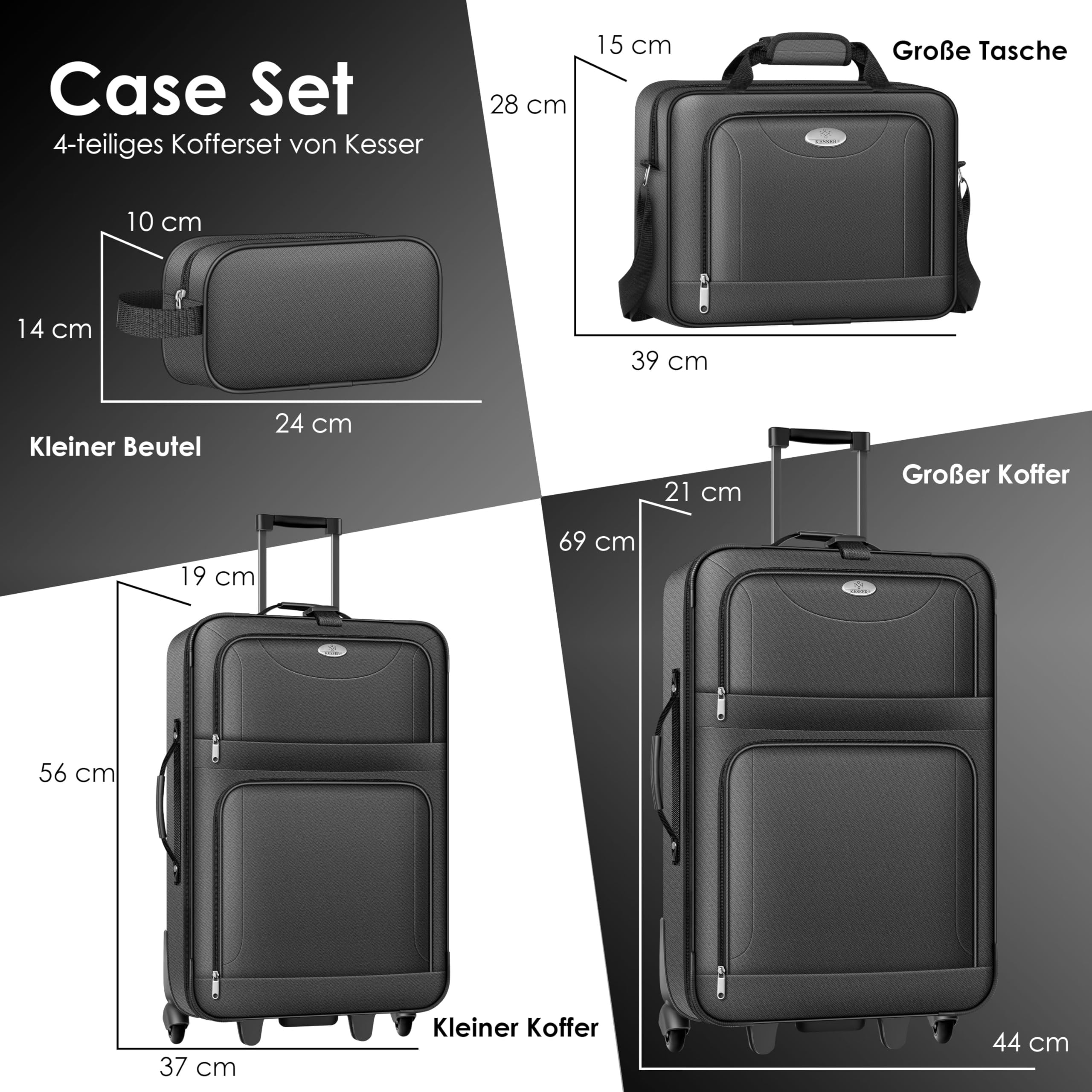 KESSER® Set di 4 valigie da viaggio con ruote, set completo da 4 pezzi, S M L XL, scomparto a rete, ruote, manico telescopico, valigetta da viaggio, bagaglio a mano, antracite.