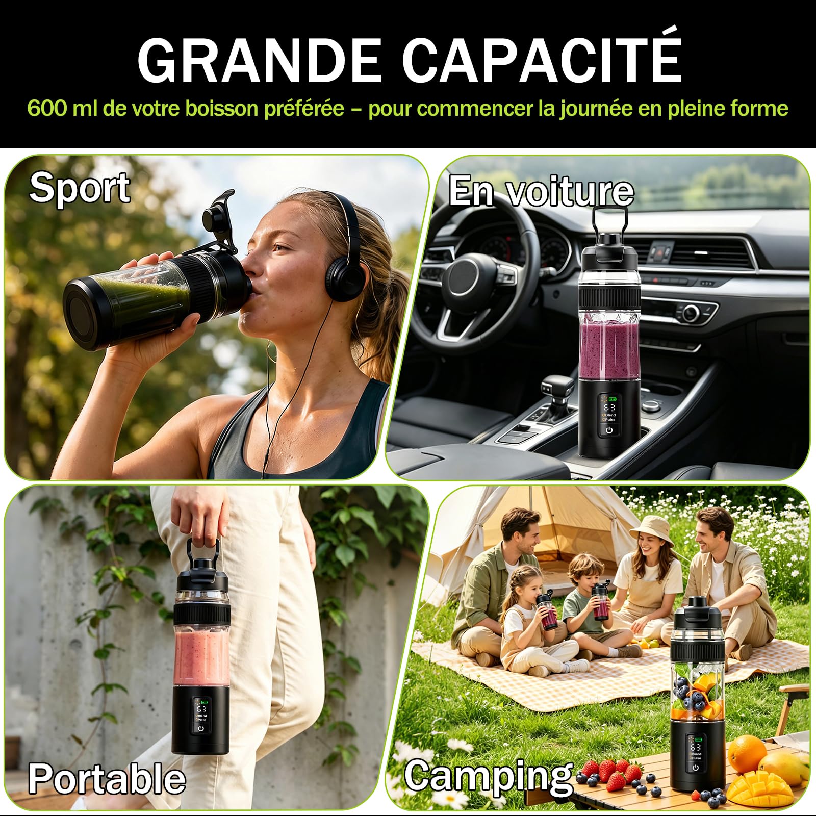Blender portable,600ml,rechargeable,Broyage fruits et glaçons,compact | Bol mélangeur et couvercle anti-fuites, pour préparer des smoothies et des milkshakes, idéal pour les voyages et le sport