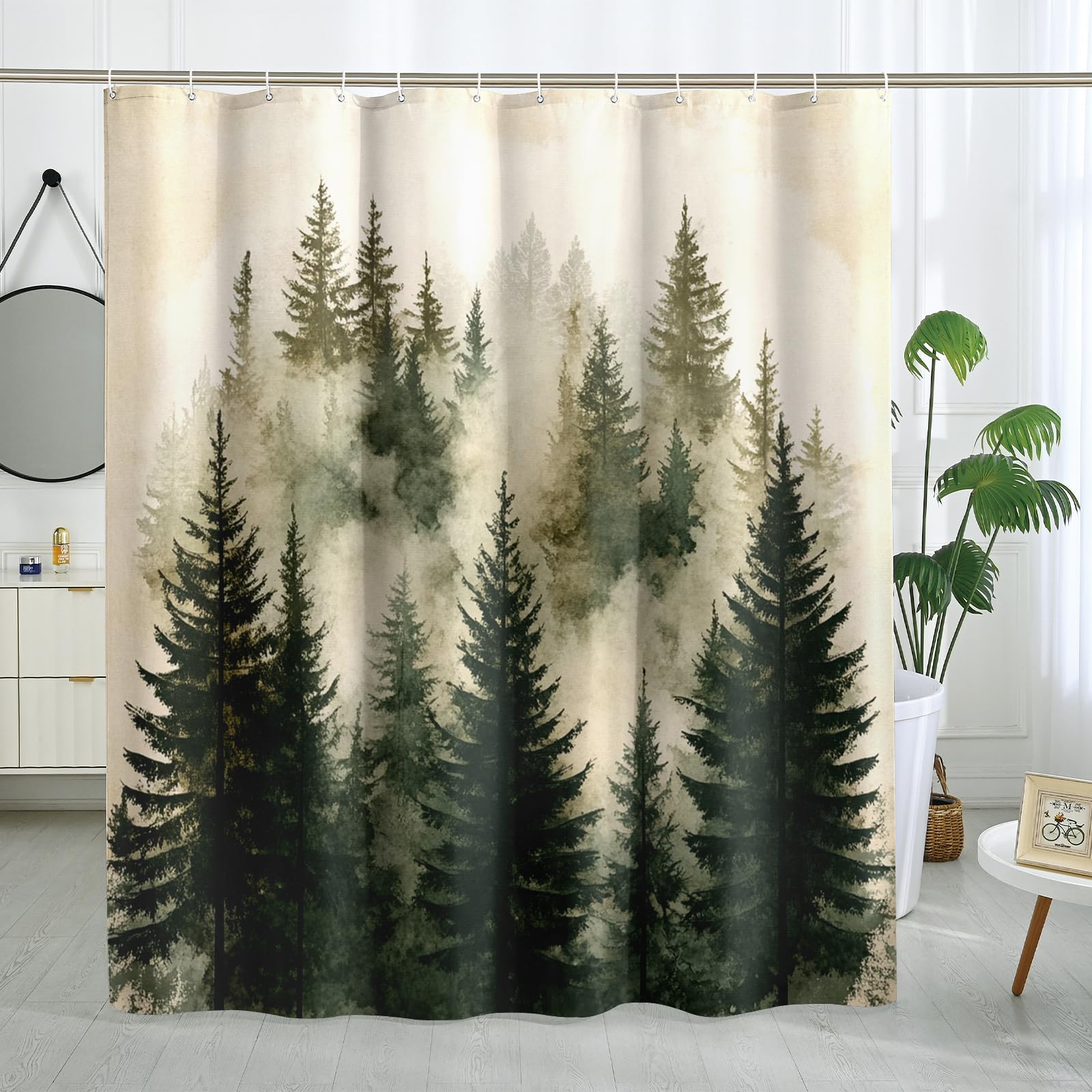 Ensemble de rideau de douche motif forêt aquarelle - Rideau de douche paysage d'arbre naturel - Accessoires de salle de bain brumeux - Motif imprimé décoratif - 183 cm