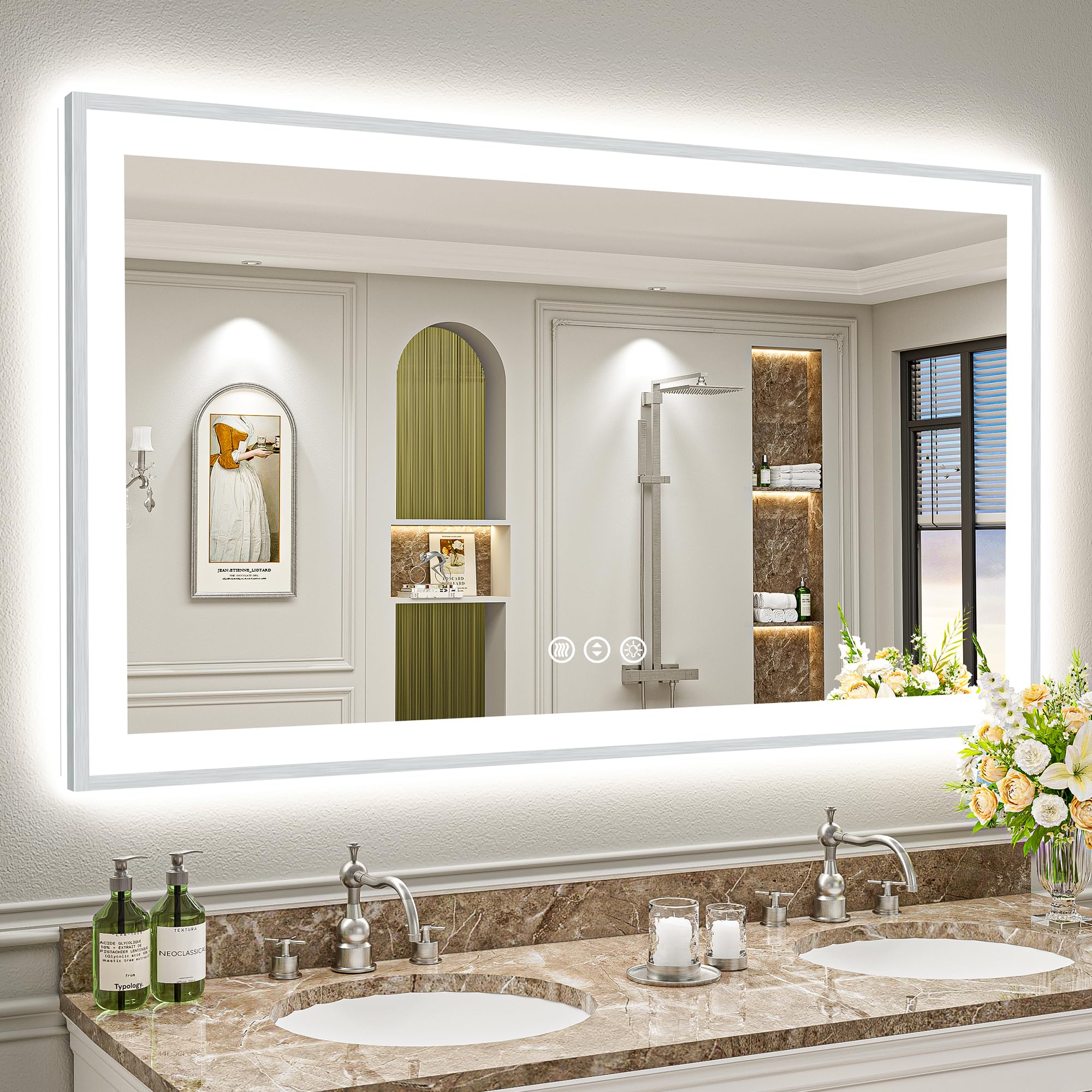 60x36 Inch Brushed Nickel LED Bathroom Mirror, Backlit &amp; Front-Lit | Silver Framed, Anti-Fog Lighted Vanity Mirror, Dimmable, 3-Color Temp, Memory, CRI95, Shatterproof, Tempered Glass, UL Listed
