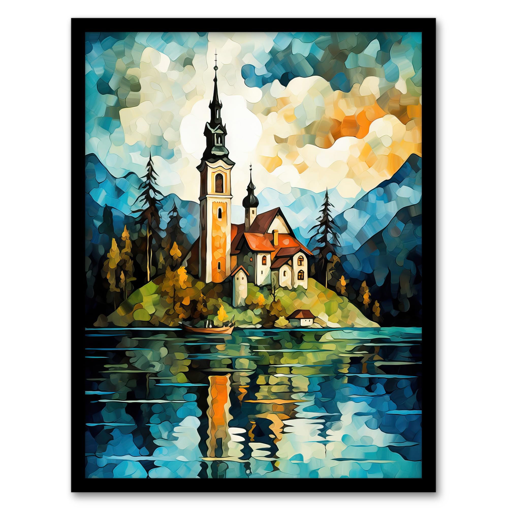 Artery8 Lake Bled Vibrant Artwork 17th Century Church On Slovenia Island Reflecting On Turquoise Water Artwork Framed Wall Art Print 18X24 Inch