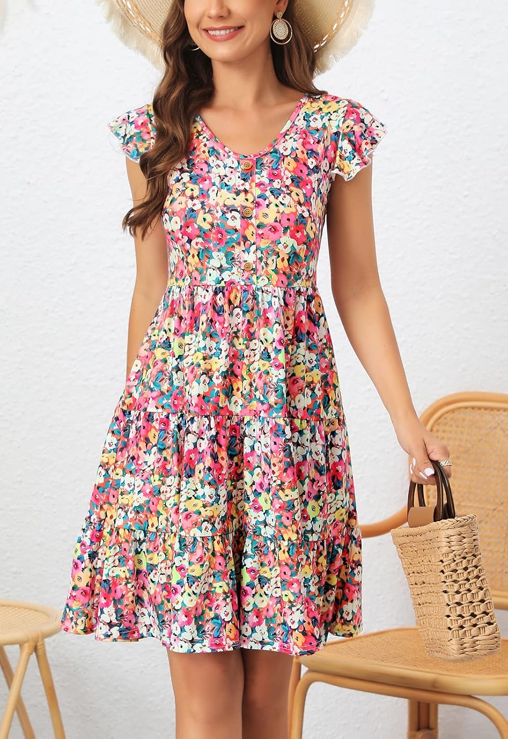 Lamilus Women's Casual Summer Dresses 2025 Ruffle Sleeves V-Neck Button Down Mini Dress Tiered Babydoll Swing Sundresses - Image 5