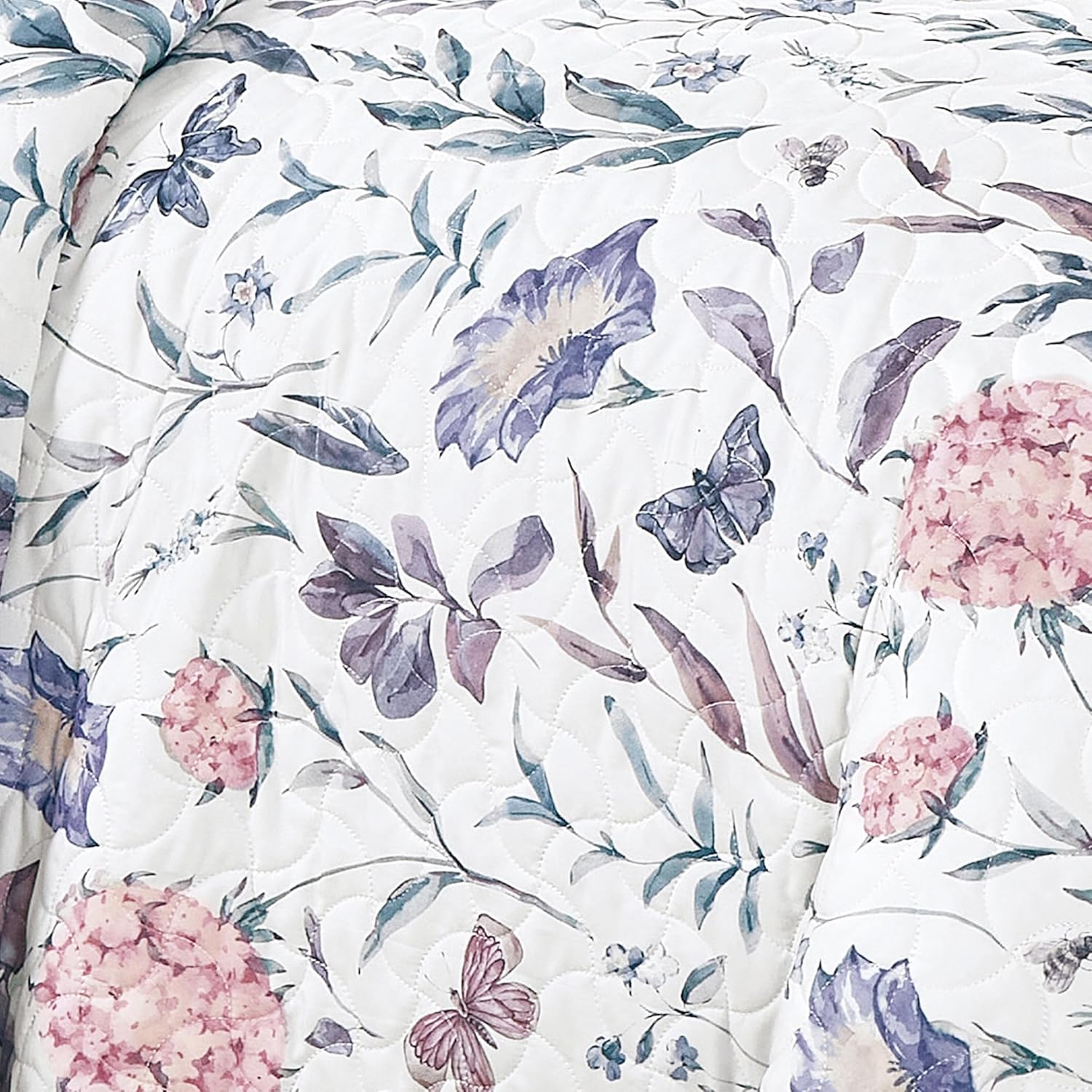 WPM WORLD PRODUCTS MART Luxury 3-Piece Floral Butterfly Bedspread Set, Purple and Pink Flowers, Lightweight Microfiber Quilt with Shams, Queen/King (Queen)